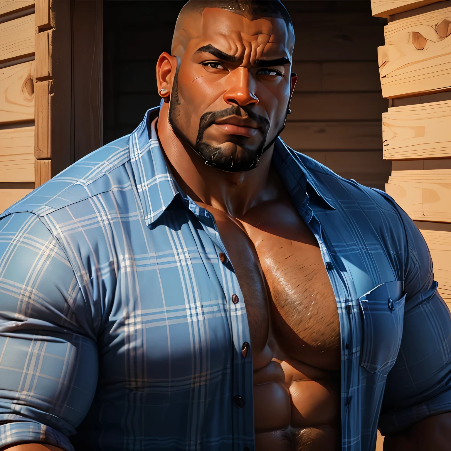 an exaggeratedly muscular and large bodyguard, beefy build, beard, dark-skinned african american male, buzzcut hair with square line, (wearing blue plaid shirt: 1.2), (bara pecs: 1.3), (arm and chest hair: 1.1), close-up portrait HD, (outside farm)