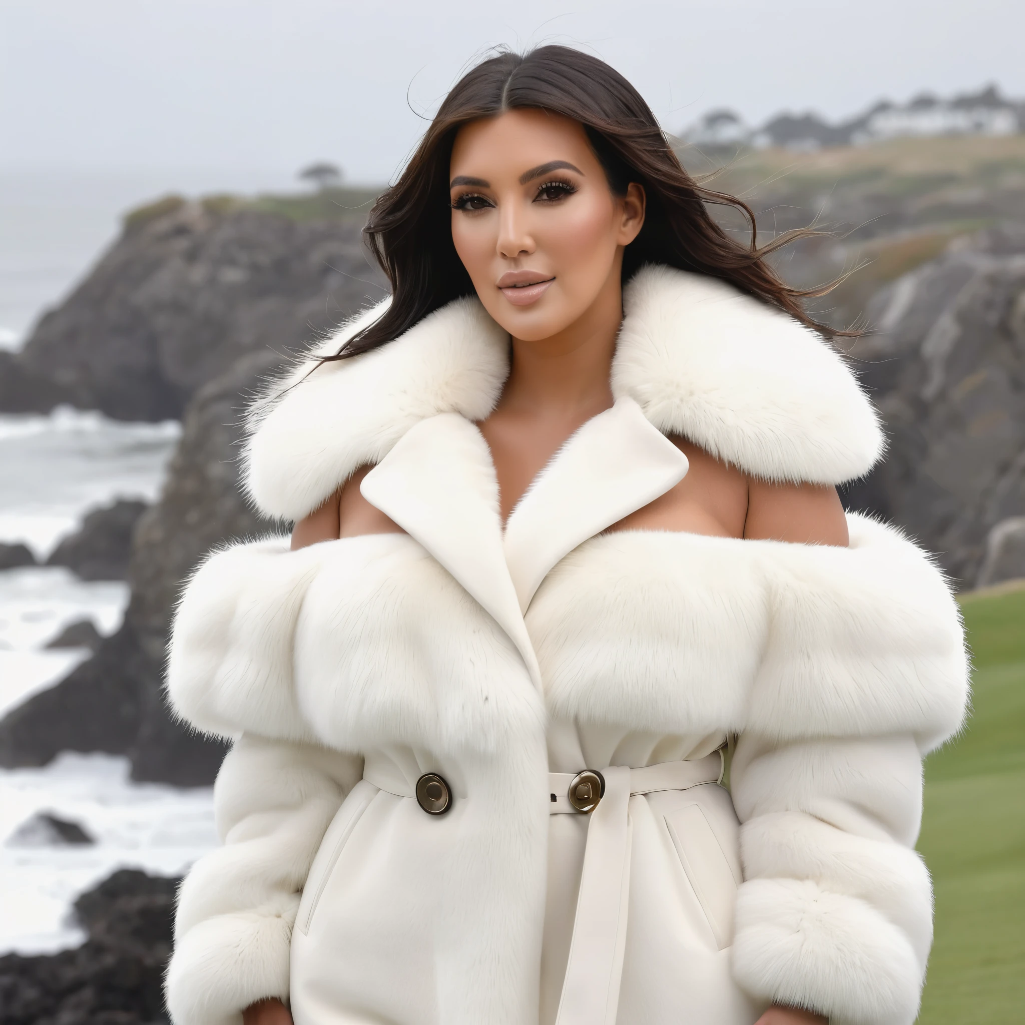 A very wide and very thick, manteau de fourrure en vison blanc, fifty centimeters thick, duveteux, naturel, with an ultra thick white mink fur collar, three layers, sur Kim Kardashian , bare shoulders, and two large breast out of the fur, at Pebble Beach