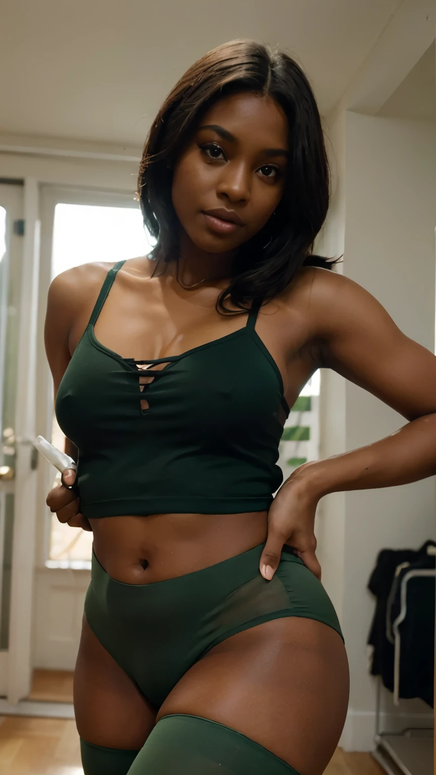 Dark skin, green eyes, 21 years, idol, beauty, perfect face, She's wearing short tights and a bralette