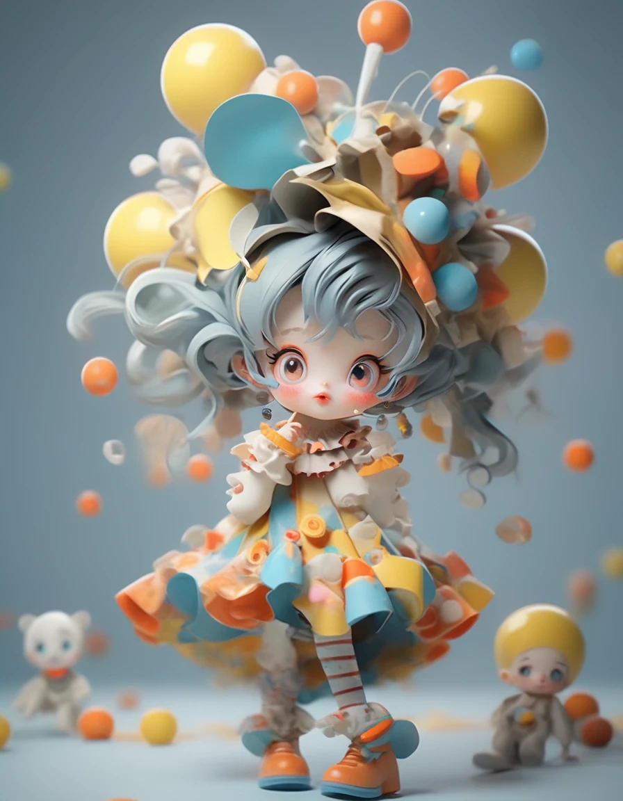 Anime character, a very cute bjd girl, chibi, full body, dressed in an April Fool's Day outfit, clown image, blue clean background, detailed portrait, cartoonish innocence, sculpting, exaggerated facial movements, precision mechanical parts, long shots, epic light and shadow, clean background, natural light, 8K, best quality, super detail, 3D, Cinema 4D, Blender, OC Renderer, Ultra HD, 3D rendering, zbrush