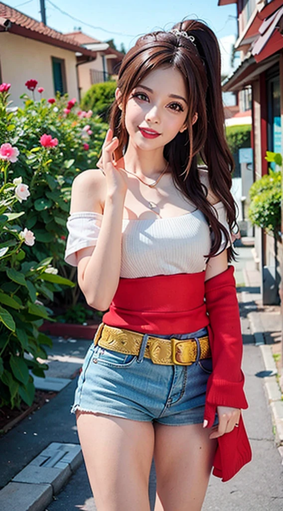 Figuras, beautiful urban university students, obras-primas, maquiagem leve, red-lips, cabelos prateados, long messy hair, fundo de rua, bonito, elegante. Detalhes ultrafinos, obras mestres, textura real, Cinematic lighting realism, trabalho perfeito, 8k, HD, exquisite facial features, top branco apertado de corte aberto, shorts brancos curtos e apertados, abdome fino, coxas grossas, olhos grandes brilhantes, pele lisa, brincos, gargantilha.