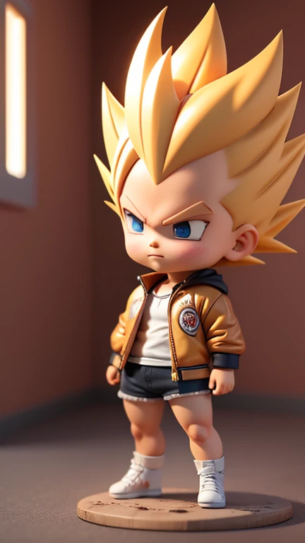 masterpiece, best quality, 8k, cinematic light, ultra high res, chibi, 1boy, son goku from dragon ball z, shorts, black hair, spiked hair, jacket, shoes, brown eyeull body:1.2), freckles, standing,