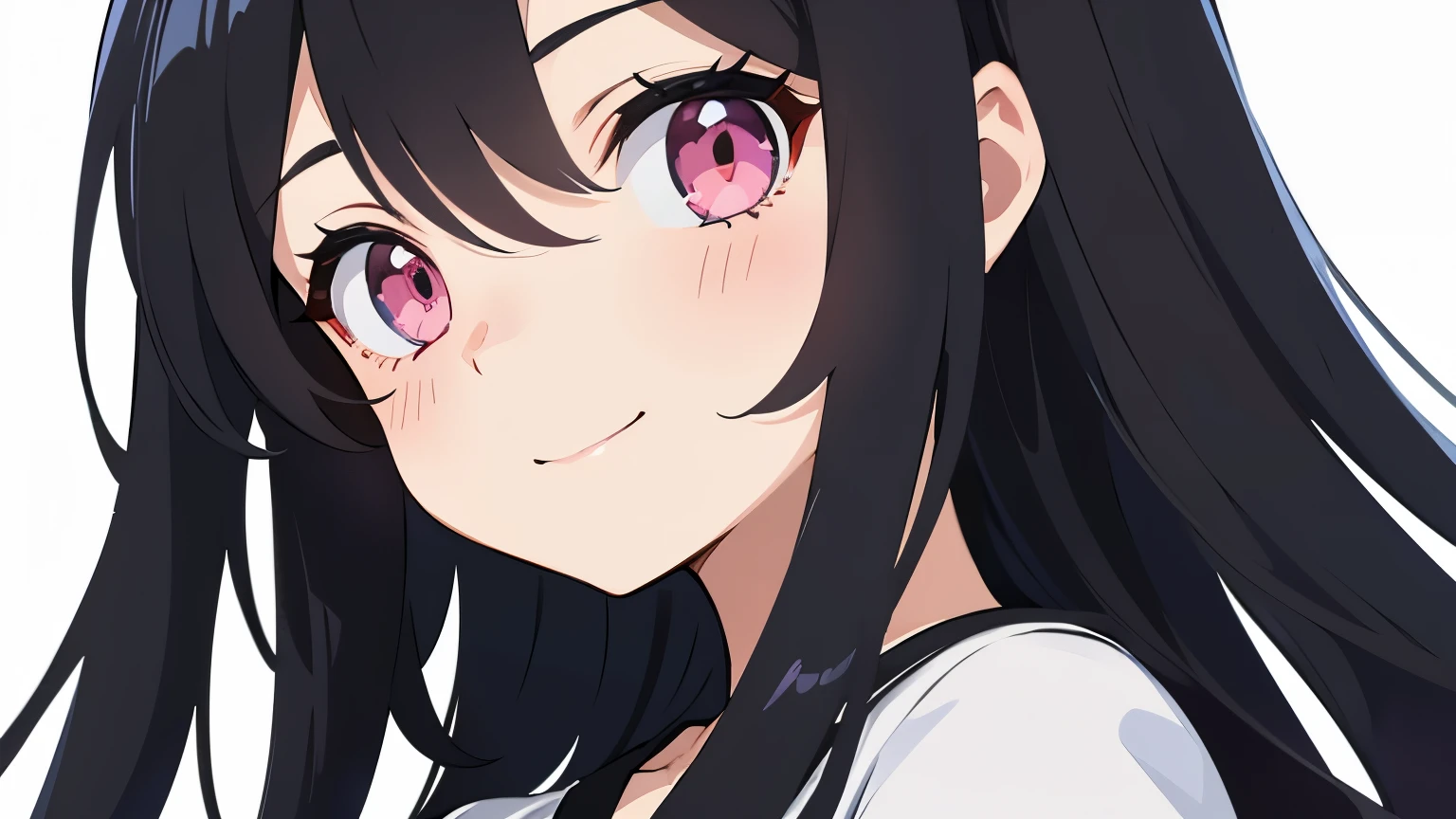 girl、anime style、smile、black hair、long hair、white t-shirt、white background、close up of face、pink eyes