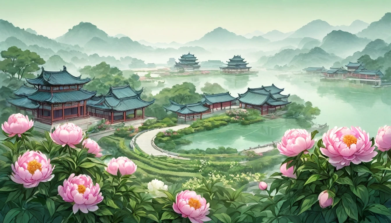 ancient china, peaceful, garden, peony flowers, spring, roofs looming in far distance, misty, lake, no human, mint-color background