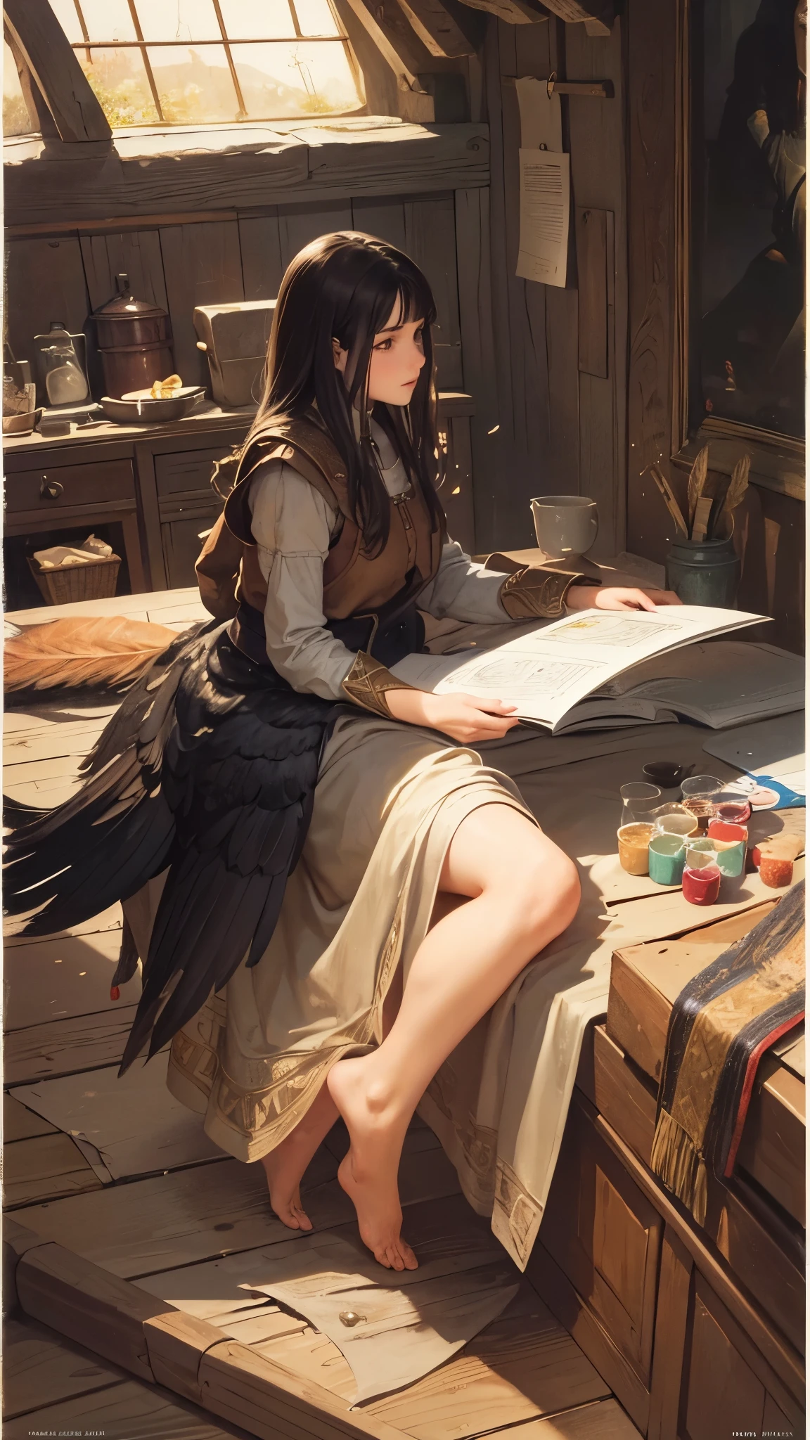 Brian Flood style, painting, chiaroscuro, comic style, A hybrid creature,Has the body and head of a wolf,But the feathers and tail are those of a crow, exist (Cold pressed 300g/m² cottexist paper), Dynamic, Very detailed, artstatiexist, cexistcept art, Smooth, sharp focus, illustratiexist, Artworks of John William Waterhouse, details by Carl Larssexist, Detailed cave background, 60-30-10 Color Rules, warm texistes, light, studio lighting, White background, pastel colors