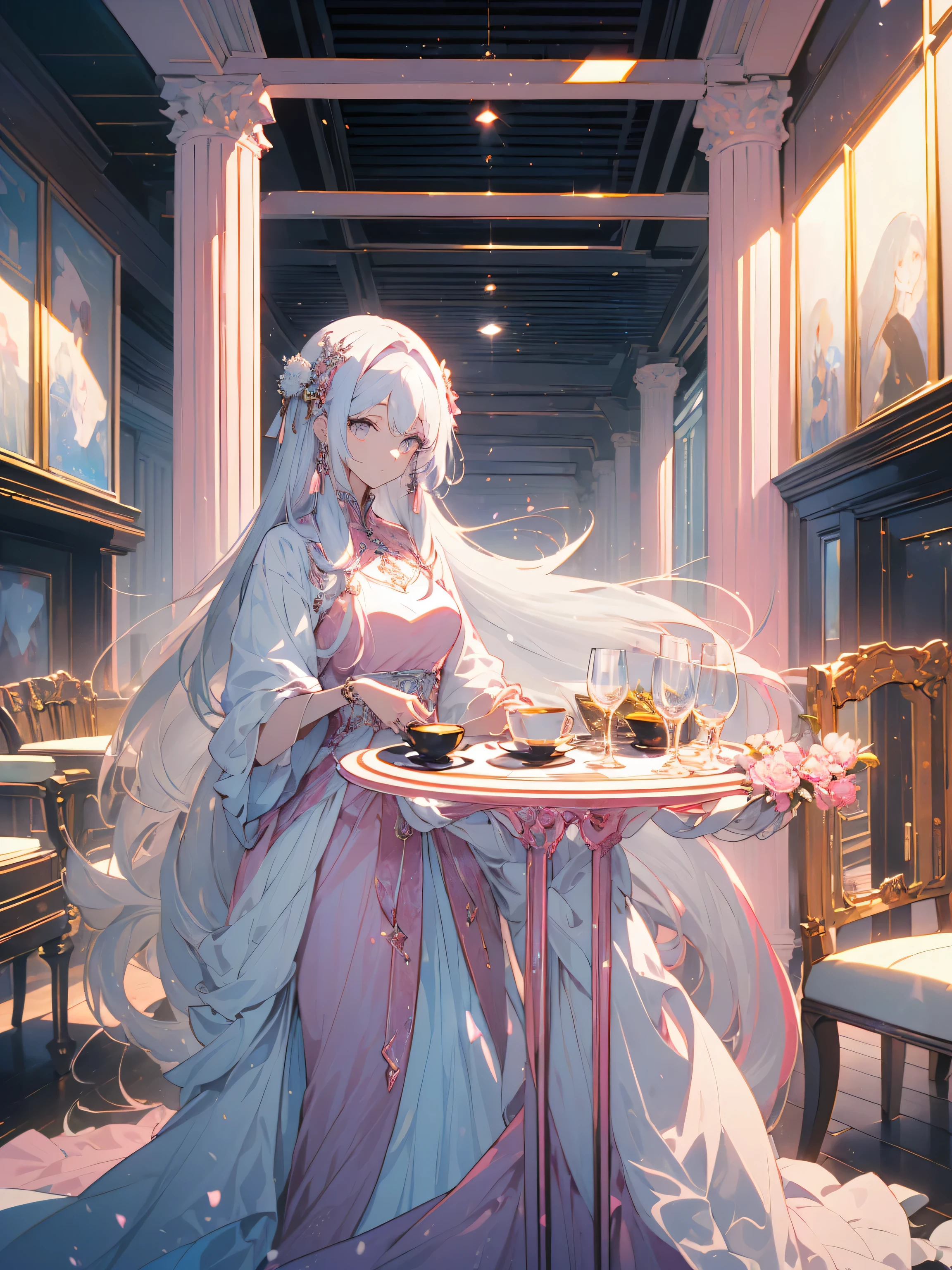 (highest quality、masterpiece、High resolution、be familiar with), (Shining eyes、detailed beautiful face)、(1 girl,Lady)、 (Long dress with elegant decoration:1.4)、(shining eyes、be familiar with美しい顔)､ (hold a tea cup in one hand)、(White pink hair color scheme,long hair、vertical roll hair:1.6) 最もbe familiar with、(luxury chairs and tables)、Noble House、(highest quality、masterpiece、High resolution、be familiar with)、(beautiful anime)、detailed beautiful background:1.2、dynamic angle