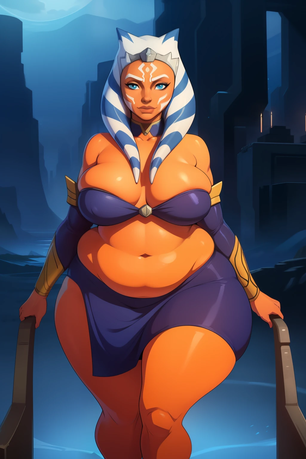 1girl, Ahsoka Tano, orange skin, chubby, adult, curvy, fat, long montrals, long lekku, thick. wide hips, big breasts. chubby belly, curvy, thick thighs. huge breasts.