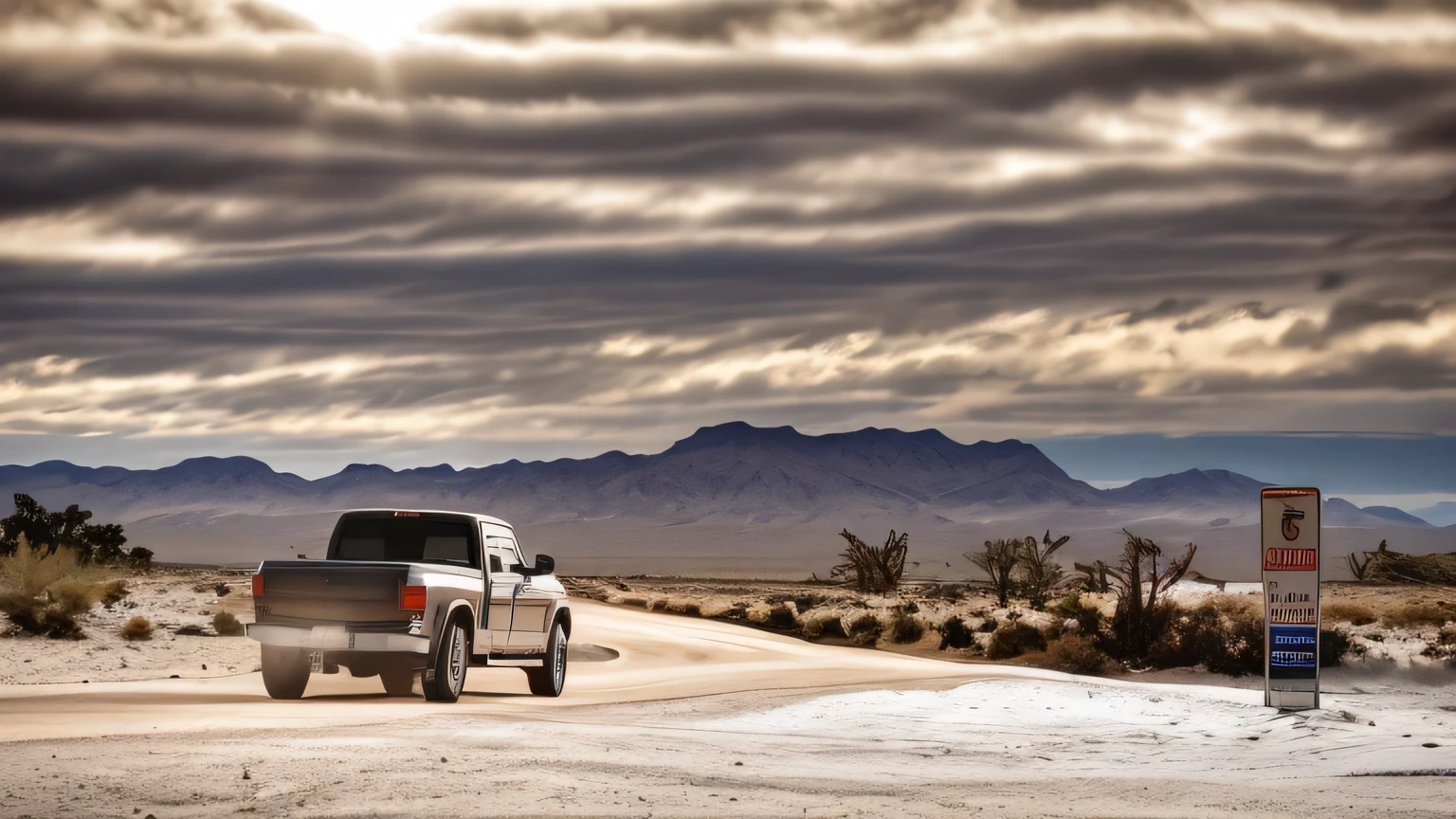 Snowing day，heavy snow，Snow on the ground，there is a red truck driving down the road in the desert, mojave desert, road california desert, truck, On the desert road, Wide-angle long shot, new mexico, Route 6 6, 1/1250 秒 f/2.8, very Wide-angle lens, Wide-angle lens, Wide-angle photo, Wide-angle lens, new mexico desert