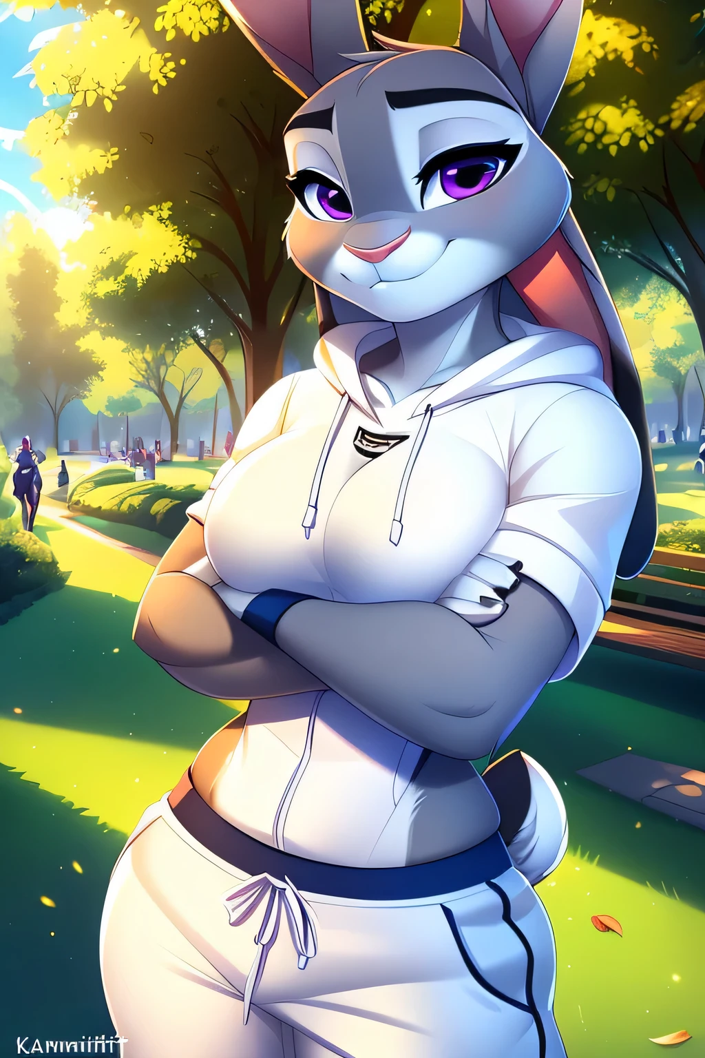 Hochgeladen auf e621, Von smileeeeeee, von whisperfoot, by Kammi-Lu, by Tsampikos, Solo-Anthro, ((portrait)), Judy Hopps, Big city skyscrapers, Central Park mit Schnee, Beautiful day, Sonniger Mittagstag, portrait of a breathtakingly beautiful furry bunny girl, Weiches, zartes, beautiful, attractive face with seductive purple eyes, Voluminous eyebrows, dicke Wimpern, (smug face:1.1), Hasenschnauze, sexy Blick auf den Betrachter, (halbgeschlossene Augen), Blick auf den Betrachter, Graues, dick geschichtetes Körperfell, Lange Hasenohren mit Schwanz, BRECHEN, medium sized breasts, (auf Schnee stehen), ((Fission overflow)), (Exposes her breasts), ((Body facing the viewer)), ((Ansicht von vorne)), ((den Betrachter anschauen)), (visible Kamelzehe), BRECHEN, Liegt in einem Park, Beautiful park with trees, Hintergrund des Stadtparks, (highest quality, Erstaunliche Details:1.4), Cel-Shading, Raytracing, Farbkorrektur, 3D-Animation, Malerische Landschaft, BRECHEN, furry breasts, ((Perfect body)), kurze Taille, ((sfw)), ((wear a white hoodie), ((wear white sweatpants)), (Kamelzehe), (enge Kleidung), BRECHEN, (Sonnenaufgang im Hintergrund), (Rays of sunshine through the leaves of the trees), (Sunlight falls on Judy Hopps), (Warme Beleuchtung), kaltes Wetter, (kalte Schneeumgebung), ((schneit)), (crossed arms:1.4)