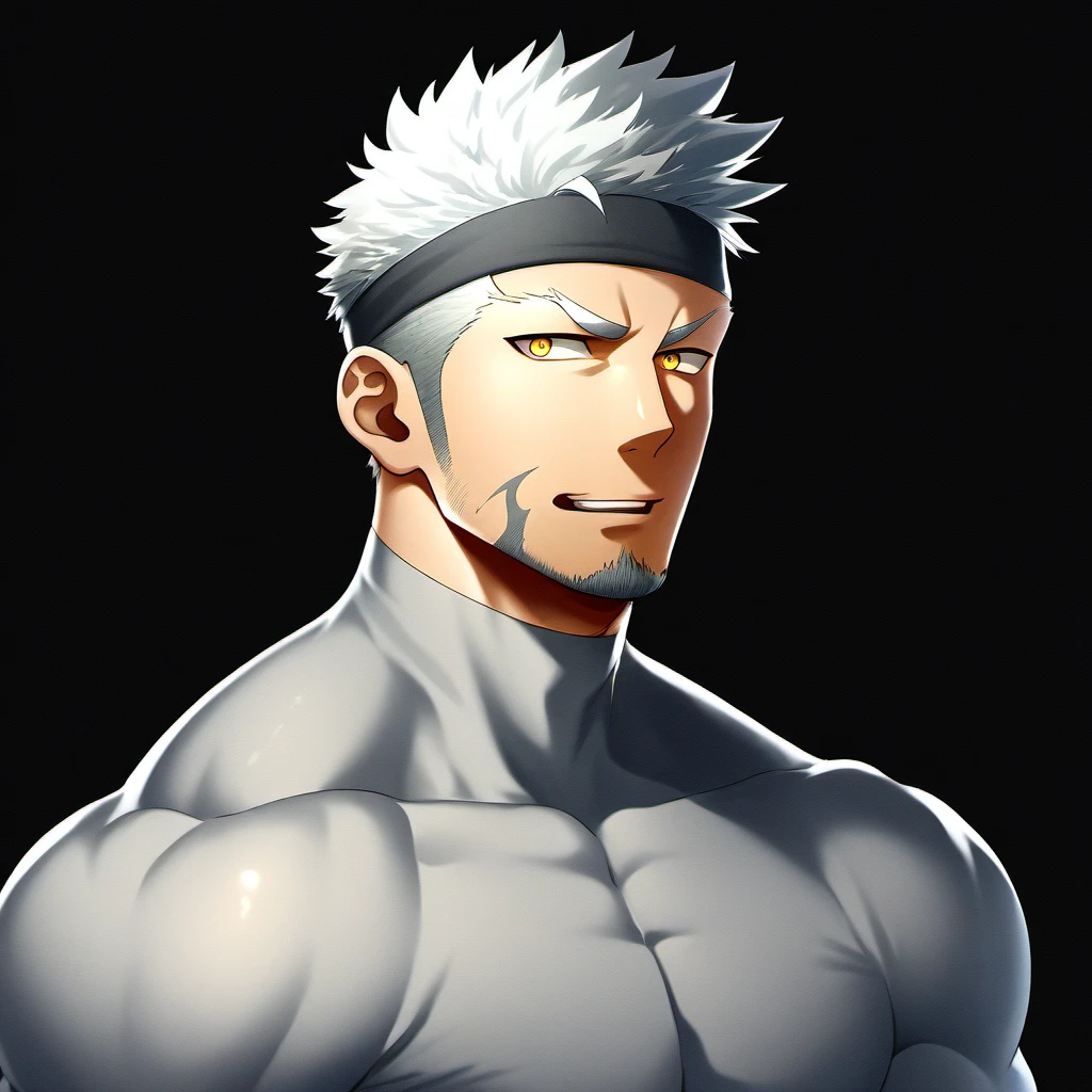 anime characters:priapus, ung muscular man, male focus, Sporty black headband, Light gray turtleneck long-sleeved tights, Very sheer tights, muscular male, muscular, bara, Upper body, alone, white short hair, stubble, yellow eyes, blink, black background, Simple background, amazing quality, best aesthetics, ridiculous, bright pupils, short hair, naughty face, torogao, open lips, best quality