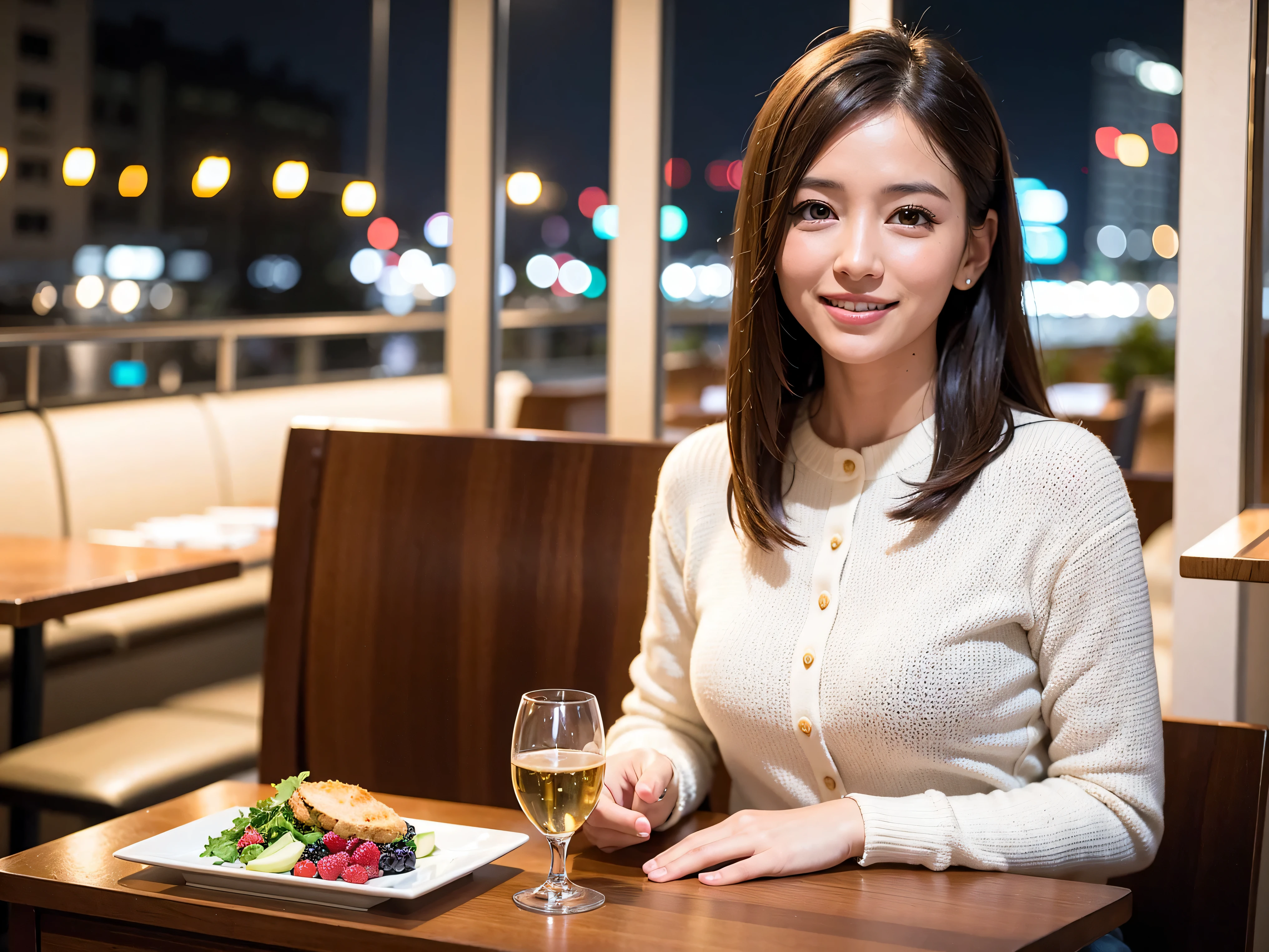 K, UHD, highest quality, masterpiece: 1.2), (realistic, photorealistic: 1.37), Super detailed, 3 slim beauties, (slim face),Happy、 the best smile、Fox face、Berry Short、(because I'thin), (brown hair), (shortcut), long sleeve shirt、winter fashion、Japanese、Dutch、German、Portuguese、Belgian、Italian、French,Champagne、SparKling wine、 (gush out), (slim body), (brown hair), (shortcut), neat beauty、cheeKs blush a little, (42 years old), 38 years old, alone, A beautiful and detailed night view spreads out outside the window...., restaurant, wine glass is sitting, At night, in a prominent place (from the Upper body) nova frog style, actress, model, Upper body, White wine, slim, wine glass, Very beautiful night view, wine glass Put in the Middle, Happy smile, (smile: 1.15),