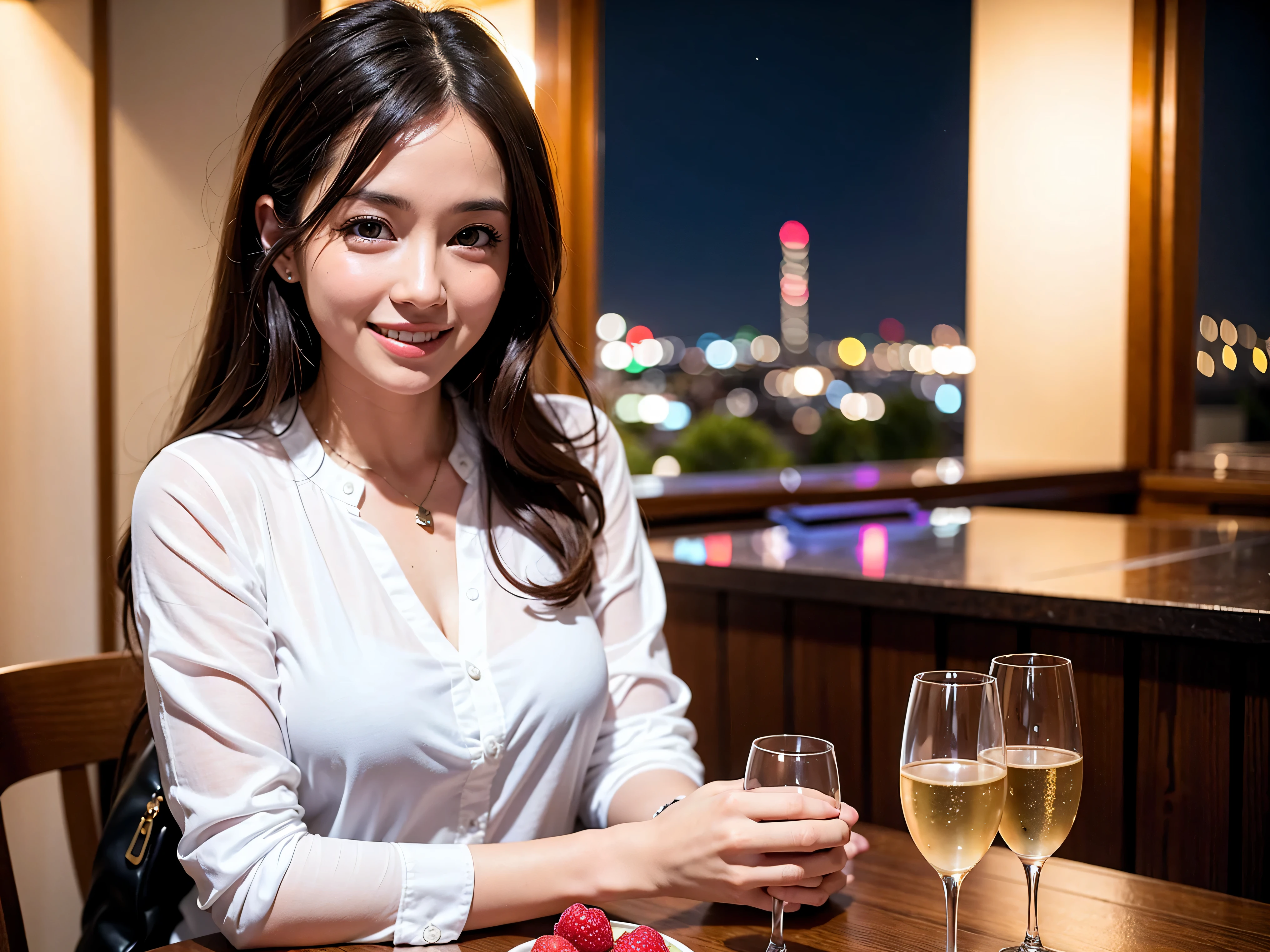 K, UHD, highest quality, masterpiece: 1.2), (realistic, photorealistic: 1.37), Super detailed, 3 slim beauties, (slim face),Happy、 the best smile、Fox face、Berry Short、(because I&#39;thin), (brown hair), (shortcut), long sleeve shirt、winter fashion、Japanese、Dutch、German、Portuguese、Belgian、Italian、French,Champagne、SparKling wine、 (gush out), (slim body), (brown hair), (shortcut), neat beauty、cheeKs blush a little, (42 years old), 38 years old, alone, A beautiful and detailed night view spreads out outside the window...., restaurant, wine glass is sitting, At night, in a prominent place (from the Upper body) nova frog style, actress, model, Upper body, White wine, slim, wine glass, Very beautiful night view, wine glass Put in the Middle, Happy smile, (smile: 1.15), 