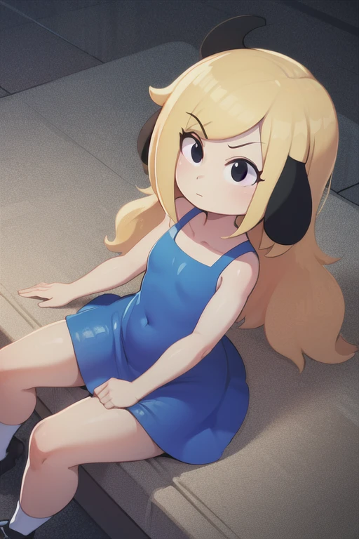 1girl blue dog ears blue dress White socks black shoes black eyes yellow hair