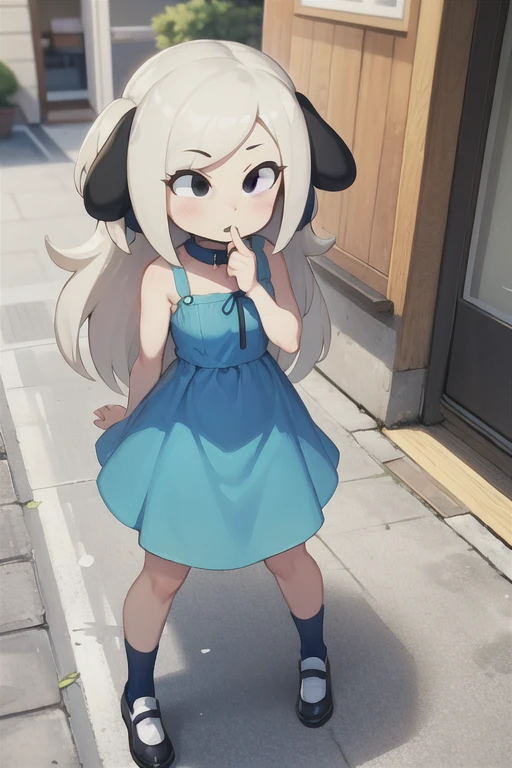 1girl blue dog ears blue dress White socks black shoes black eyes yellow hair