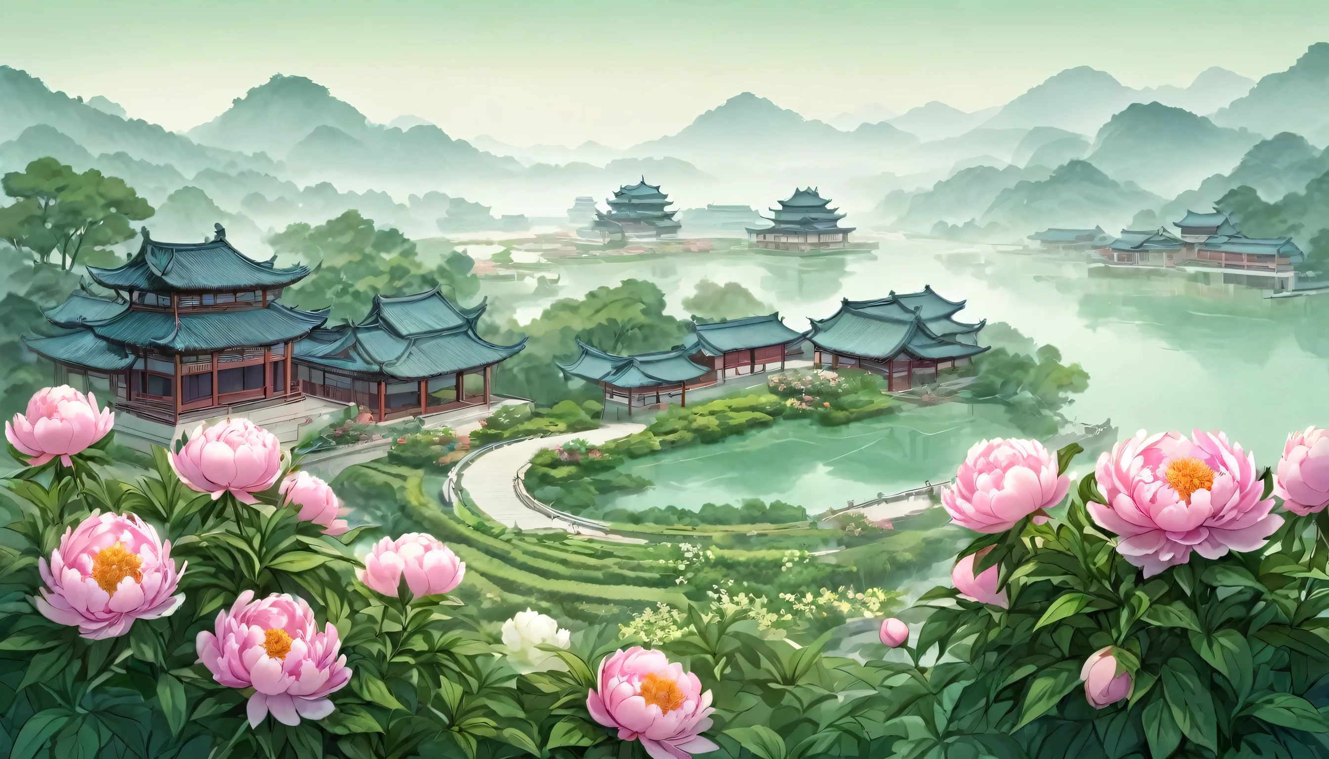 ancient china, peaceful, garden, peony flowers, spring, roofs looming in far distance, misty, lake, no human, mint-color background