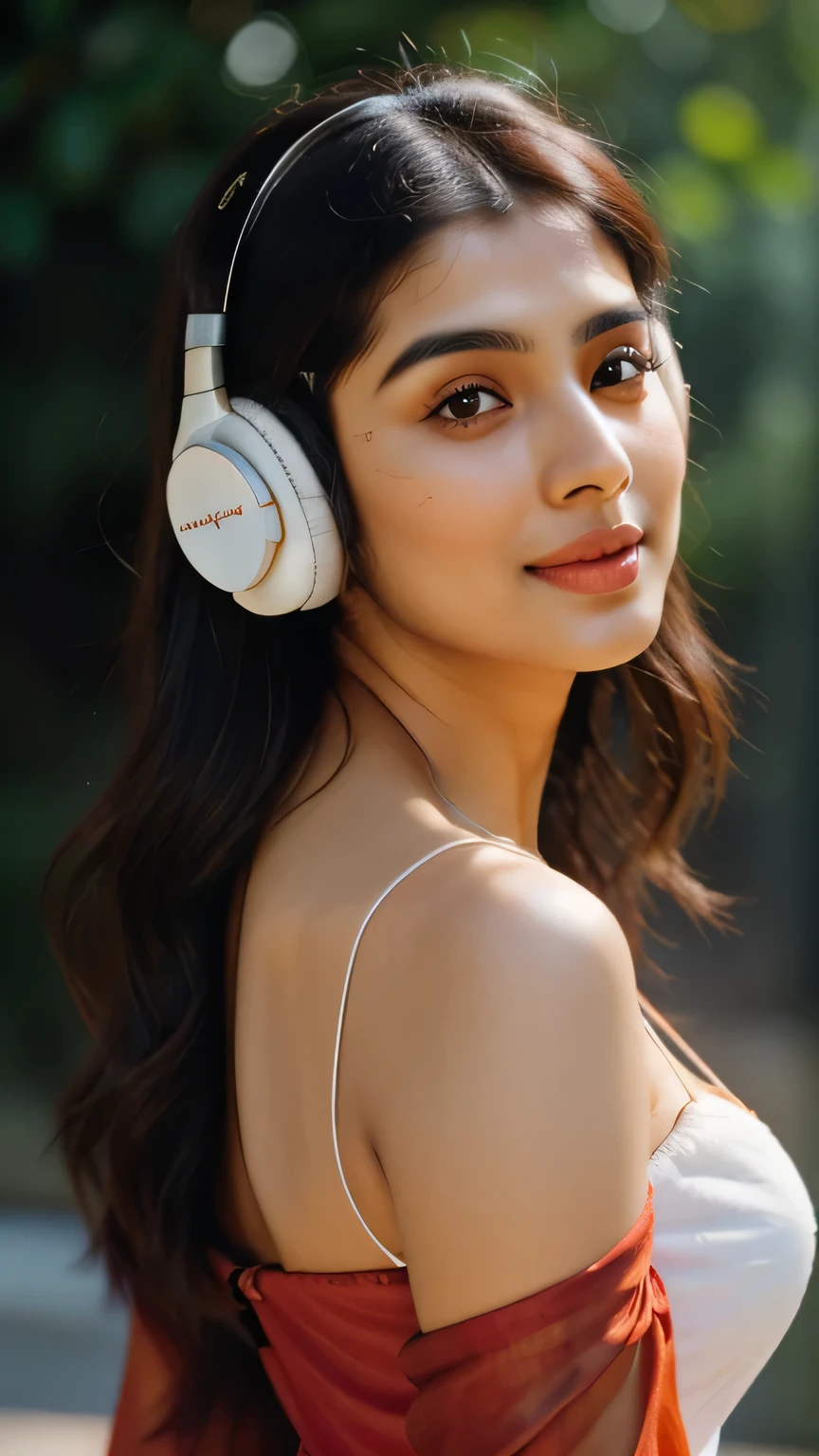 (Rhea Chakraborty:0.3), (Alia Bhatt:0.6), (Kriti Sanon:0.7), ((A mid-shot, realistic portrait of a beautiful mature Indian college girl:1.5)), (highly detailed face:1.4, smile), (effortlessly donning a a oversized white headphones:1.5) (slim, flawless complexion, perfect eyes, long flowing brunet hair, skin pores texture:1.4), (wearing a beautiful red dress with a v-neckline:1.5), (flirting with the camera:1.5), (Ultra realistic illustration), hyper realistic, sharp focus, unreal engine, photorealistic, photo, masterpiece, realism, photorealism, high contrast, by lee jeffries, nikon d850, film stock photograph, 4 kodak portra 400, camera f1.6 lens, rich colors, hyper realistic, lifelike texture, natural lighting , cinestill 800, depth of field