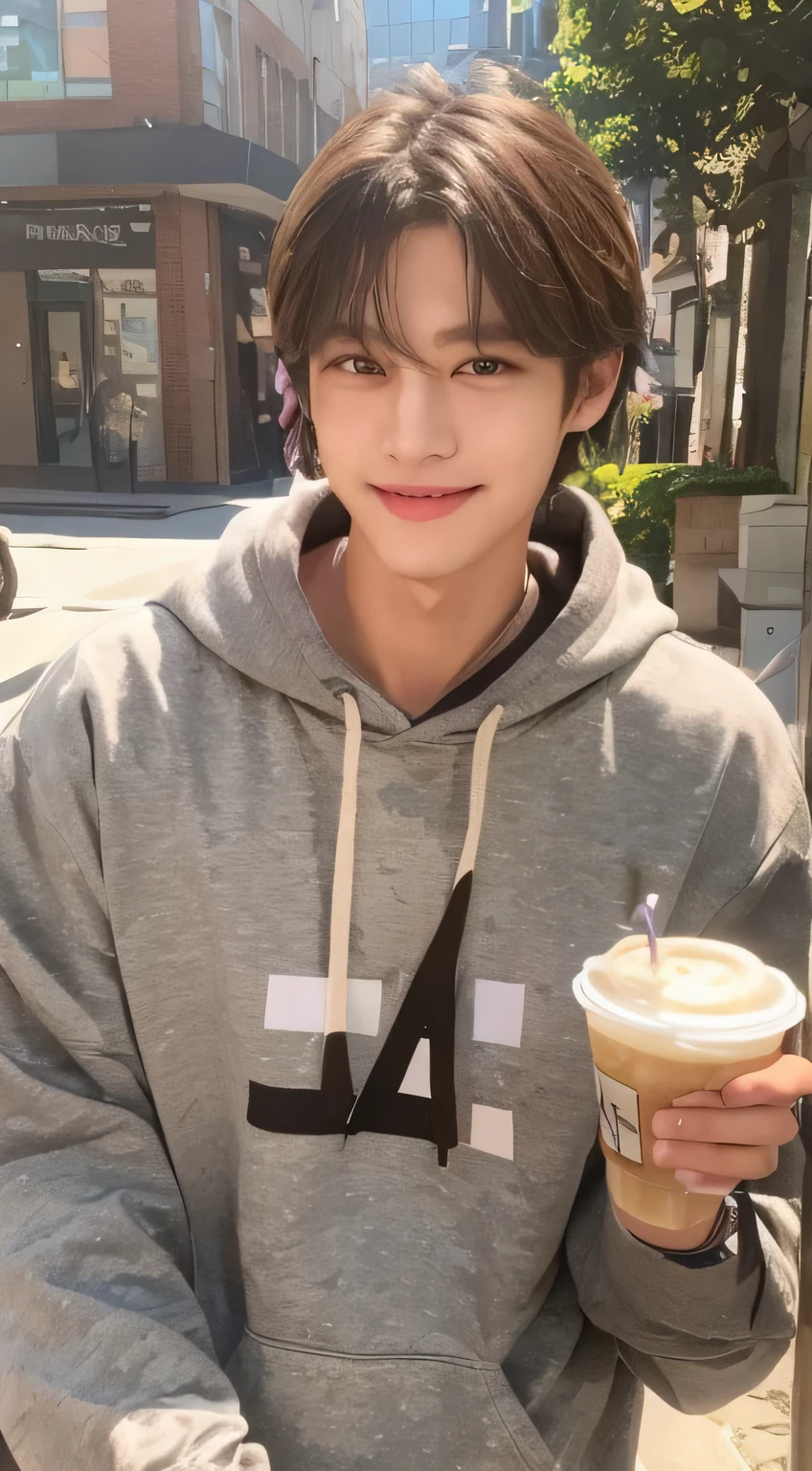 front face, (Super cool S class boy)、 Kim Taehyung、Syoung handsome man、 full body photo、 (CG Unity 8K high-definition photos)、 (very detailedShandsome man in class)、 (Photoreal)、Look at me and smile、aquarium、date、 ((highest quality))、 Super detailed、 (masterpiece)、 Super high quality、 short hair、 bright pictures、 Handsome guy like a model、 Handsome like an idol、 ,((positive:1.5)), K-POP,Street fashion , ((super realistic photos:1.5)),drink coffee at a cafe、Afternoon tea、date、smile、gray hoodie