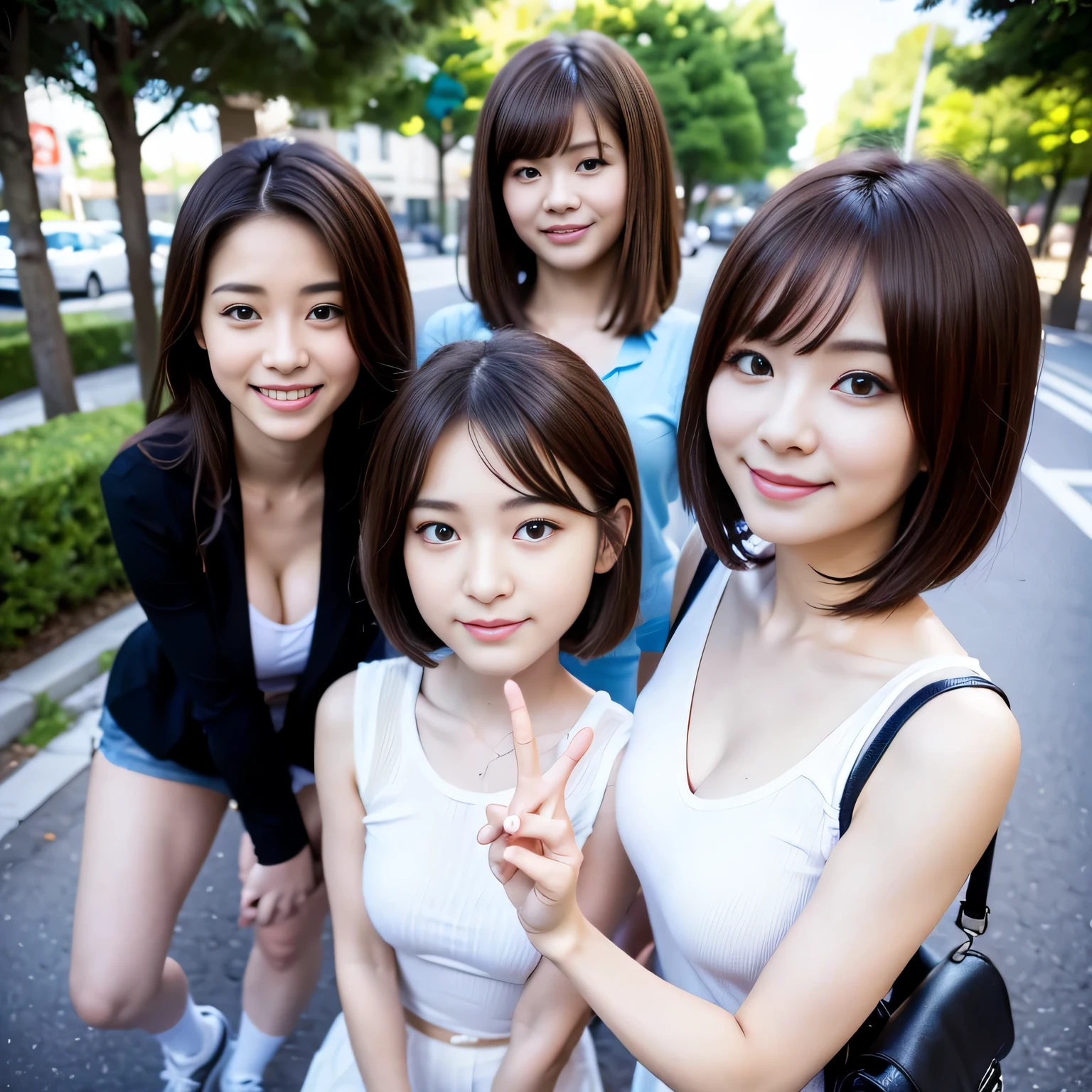 4girls、neat and cute girl,Japanese,（（11 year old girl））、blazer 、high socks、loafer shoes、balanced eyes、 (Top quality details:1.2)、(cute:1.2)、1 girl、very beautiful 28 year old cartoon girl、wonderful smile、cheeks are red、(high detail skin: 1.2)、Photorealistic anime girl rendering、Realistic anime 3d style、（brown hair、short bob）、（short bangs）、squared face、((small narrow eyes 1.3))、((no makeup1.3))、Average Breasts、lip gloss、perfect anatomy、delicate face、smile、full body display、Close-up from the front、black haired、smooth clear white skin、 short bob,front view、Blue sports bag、peace sign、in the city、street tree