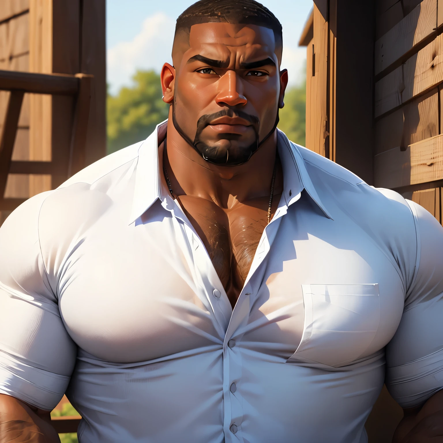 an exaggeratedly muscular and large bodyguard, beefy build, beard, dark-skinned african american male, buzzcut hair with square line, (wearing white plaid shirt: 1.2), (bara pecs: 1.3), (arm and chest hair: 1.1), close-up portrait HD, (outside farm)