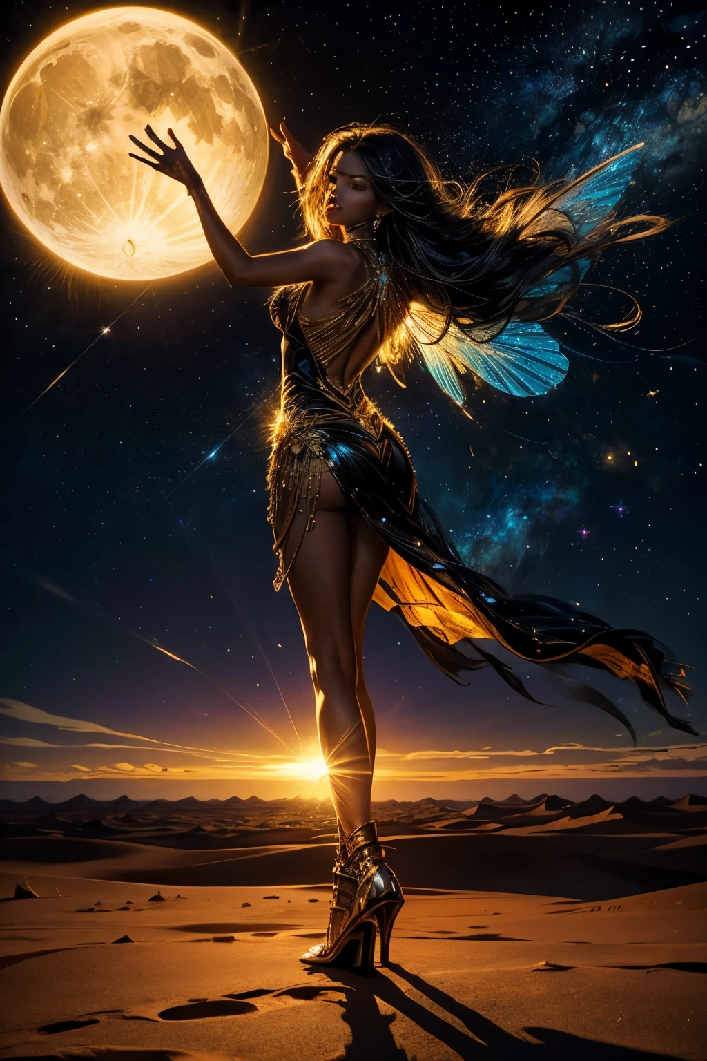 Backside view of a mesmerizingly vibrant and graceful moth-winged black woman gracefully traversing through the vast expanse of a sun-scorched desert, creating an otherworldly spectacle that feels straight out of an enchanting album cover. Every aspect of this surreal photography piece exudes an unparalleled aestheticism, with the footprints left behind in the desert background shimmering with a captivating iridescent light. Set against the backdrop of a starlit night sky adorned with a bewitching moon and twinkling stars, this visual masterpiece transports viewers to an ethereal realm where reality and dreams intertwine in perfect harmony.