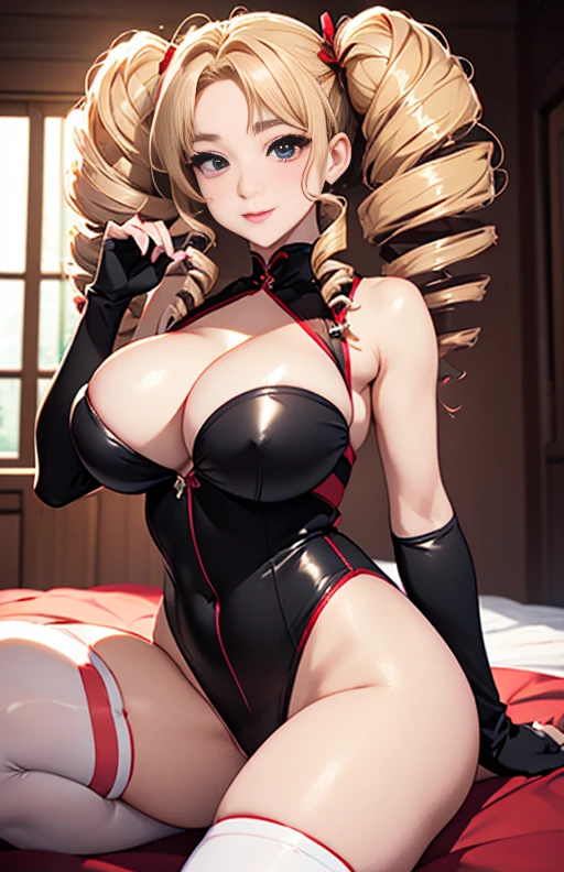 Realistic、1 girl、length、twin tails、twin drill、ヘアribbon、red leotard、body suit、bare shoulders、gloves、thighs thighs thighs、thigh high socks, shining eyes、(big breasts:1.5), shoot from the front, Please open your thighs wide., put your hand on your butt、camel toe、huge tit、nipple puff、cleavage、Vertically curly hair rolls、blonde、Special Smile、eye shadow、long false eyelashes、well-groomed eyebrows、tear bag、lip gloss、red lipstick、eyeliner、red cheek、headband、ribbon、Manicure、pedicure、nail、Plump、超big breasts、super big butt