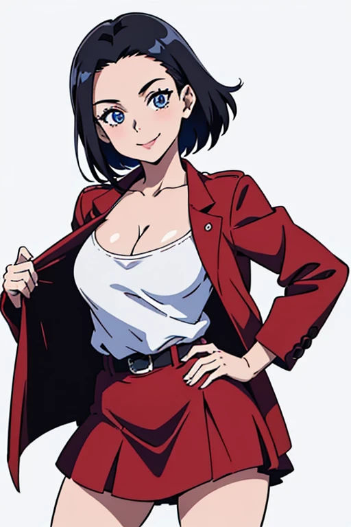 red jacket, black miniskirt, cleavage, cute, (((view from front))), anime, 2D, HD, 8K, 90s style, 1girl, black hair, ((white skin)), , standing, (((cowboy shot))), medium breasts, forehead, smile, blue eyes, short hair, simple background, kasuki takahashi style, white background