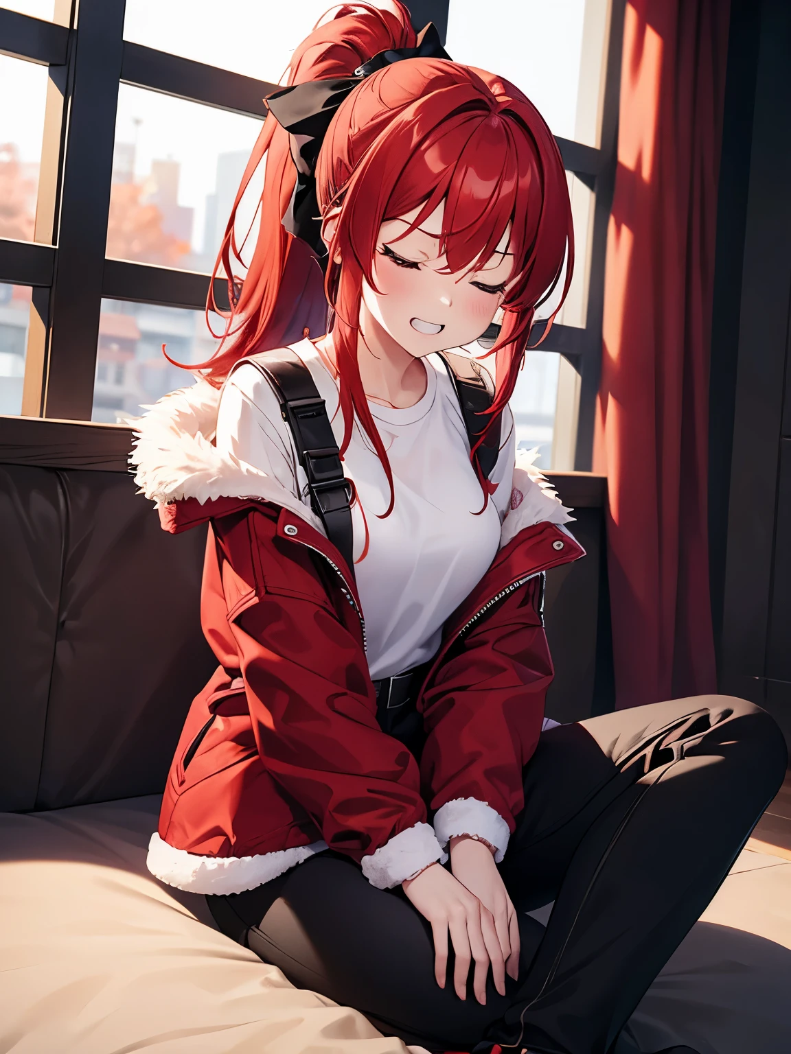 Red haired anime girl, dressed in a red sweatshirt and white panties, long socks, she is on the sofa sticking her tongue out.