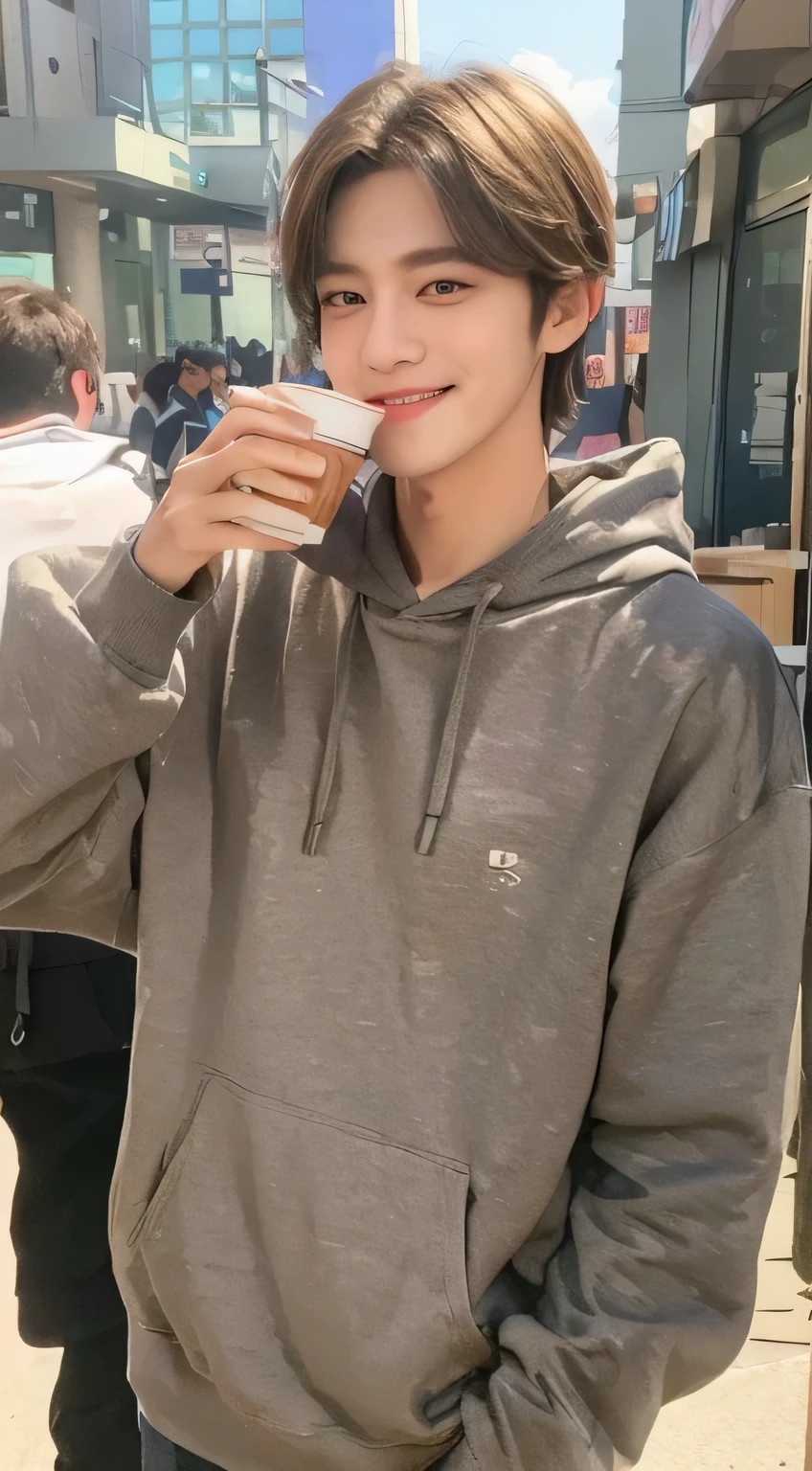 front face, (Super cool S class boy)、 Kim Taehyung、Syoung handsome man、 full body photo、 (CG Unity 8K high-definition photos)、 (very detailedShandsome man in class)、 (Photoreal)、Look at me and smile、aquarium、date、 ((highest quality))、 Super detailed、 (masterpiece)、 Super high quality、 short hair、 bright pictures、 Handsome guy like a model、 Handsome like an idol、 ,((positive:1.5)), K-POP,Street fashion , ((super realistic photos:1.5)),drink coffee at a cafe、Afternoon tea、date、smile、gray hoodie