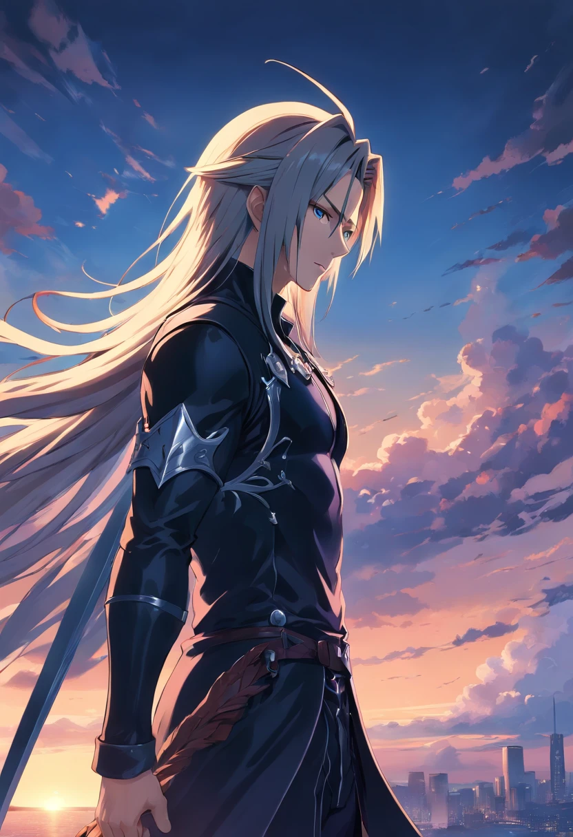 Wearing a black costume staring beyond the horizon、Incredibly detailed illustration of Sephiroth from Final Fantasy, whole body, incredible details, perfect shadow, dynamic background, Super realistic drawing style.
