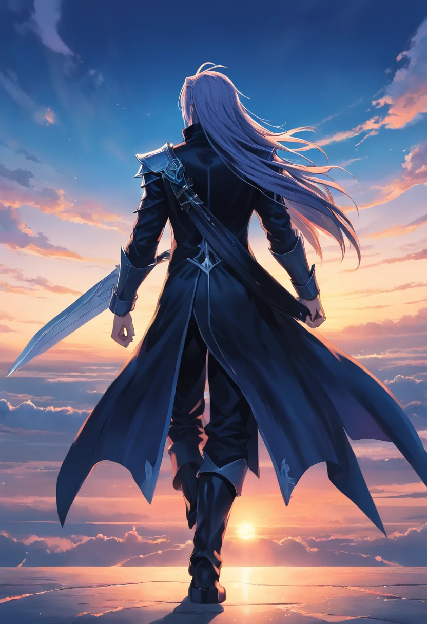 Wearing a black costume staring beyond the horizon、Incredibly detailed illustration of Sephiroth from Final Fantasy, whole body, incredible details, perfect shadow, dynamic background, Super realistic drawing style.