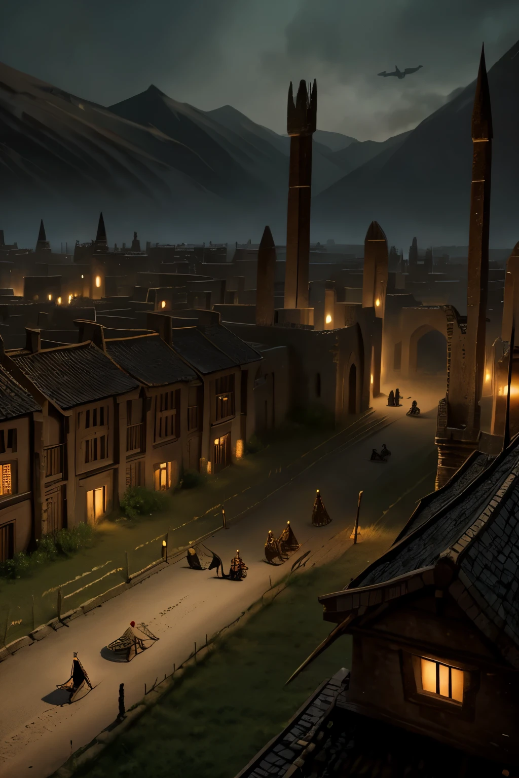 illustration inspired by the Lord of the Rings saga by J. R. R. Tolkien, draws an ancient city, an abandoned city flown over by nazgùl riding flat-nosed flying dragons. In the city they fight Unami against Trool. dark colours, war atmosphere.