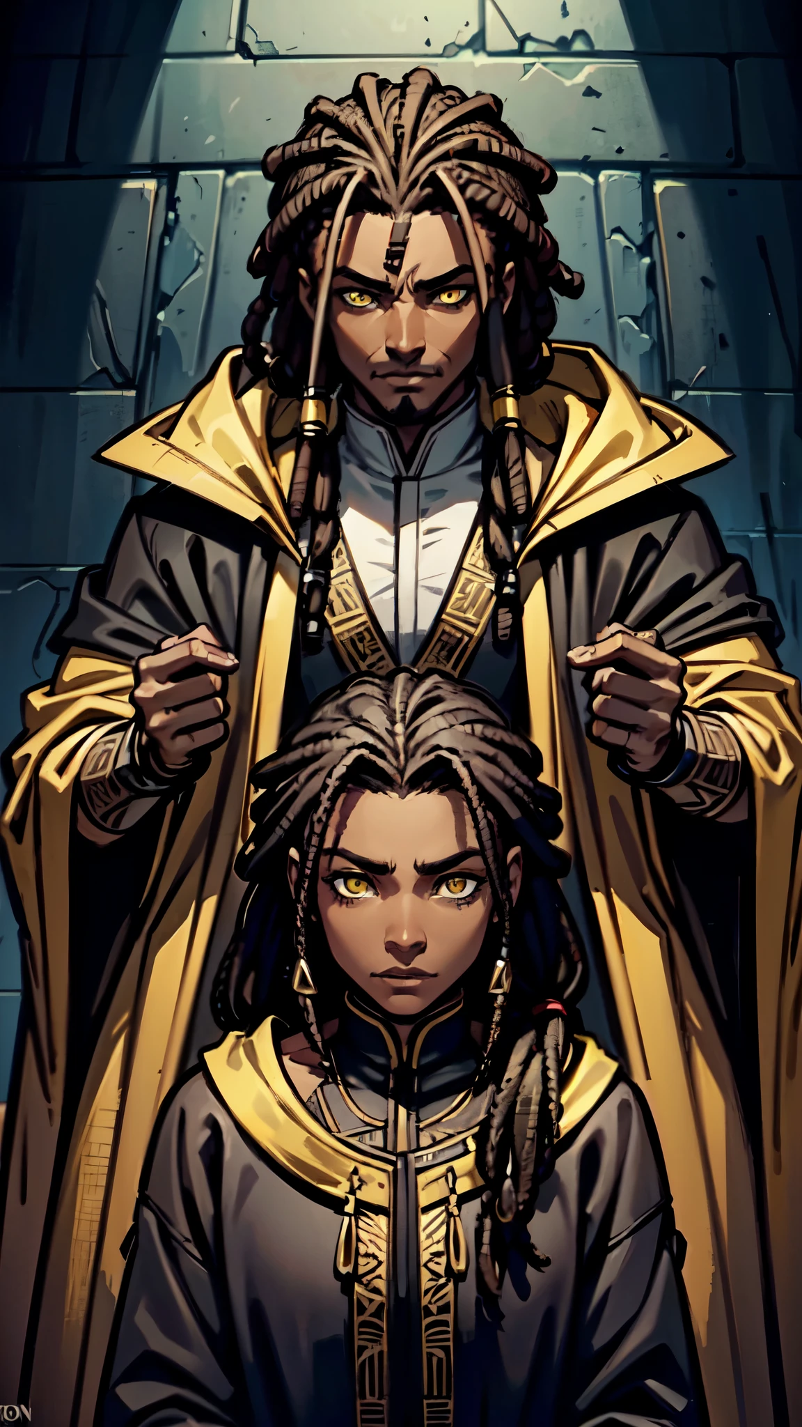 (Concept Art) of an (African-American) male, with dark black (dreadlocks), yellow eyes, dark (brown skin), (regal assassin), sith robes, demon prince, close-up shot, perfect composition, hyper-detailed, 8K, high quality, (perfect eyes), trending art, sharp focus, studio photo, intricate details, action pose