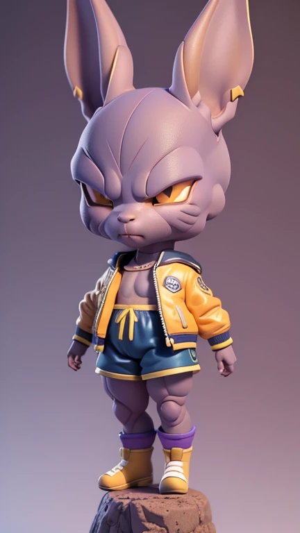 masterpiece, best quality, 8k, cinematic light, ultra high res, chibi, 1boy, beerus from dragon ball z, shorts, jacket, shoes, brown eyeull body:1.2), freckles, standing,