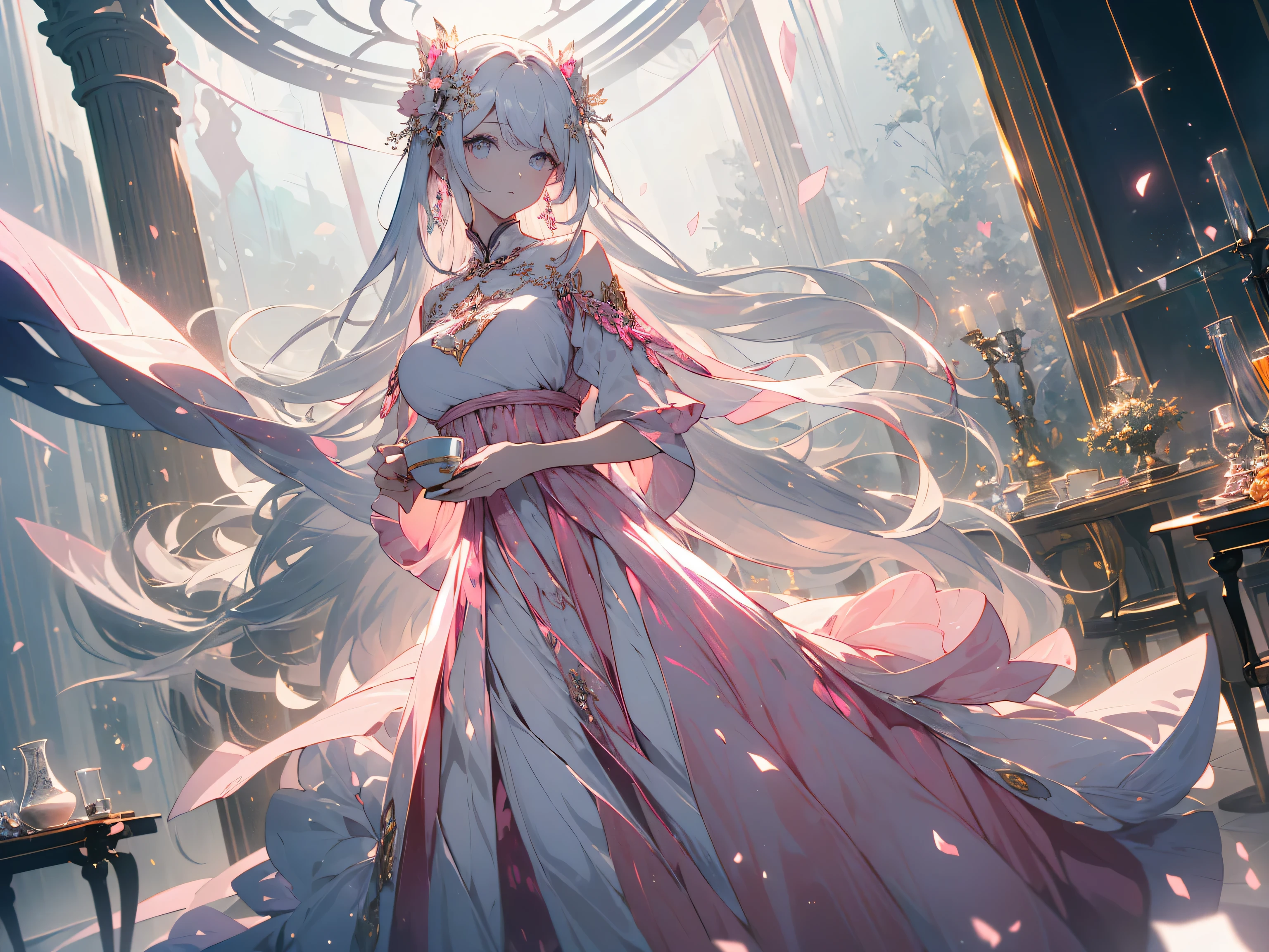 (highest quality、masterpiece、High resolution、be familiar with), (Shining eyes、detailed beautiful face)、(1 girl,Lady)、 (Long dress with elegant decoration:1.4)、(shining eyes、be familiar with美しい顔)、 (hold a tea cup in one hand)、(White pink hair color scheme,long hair、vertical roll hair:1.6) 最もbe familiar with、(luxury chairs and tables)、Noble House、(highest quality、masterpiece、High resolution、be familiar with)、(beautiful anime)、detailed beautiful background:1.2、dynamic angle