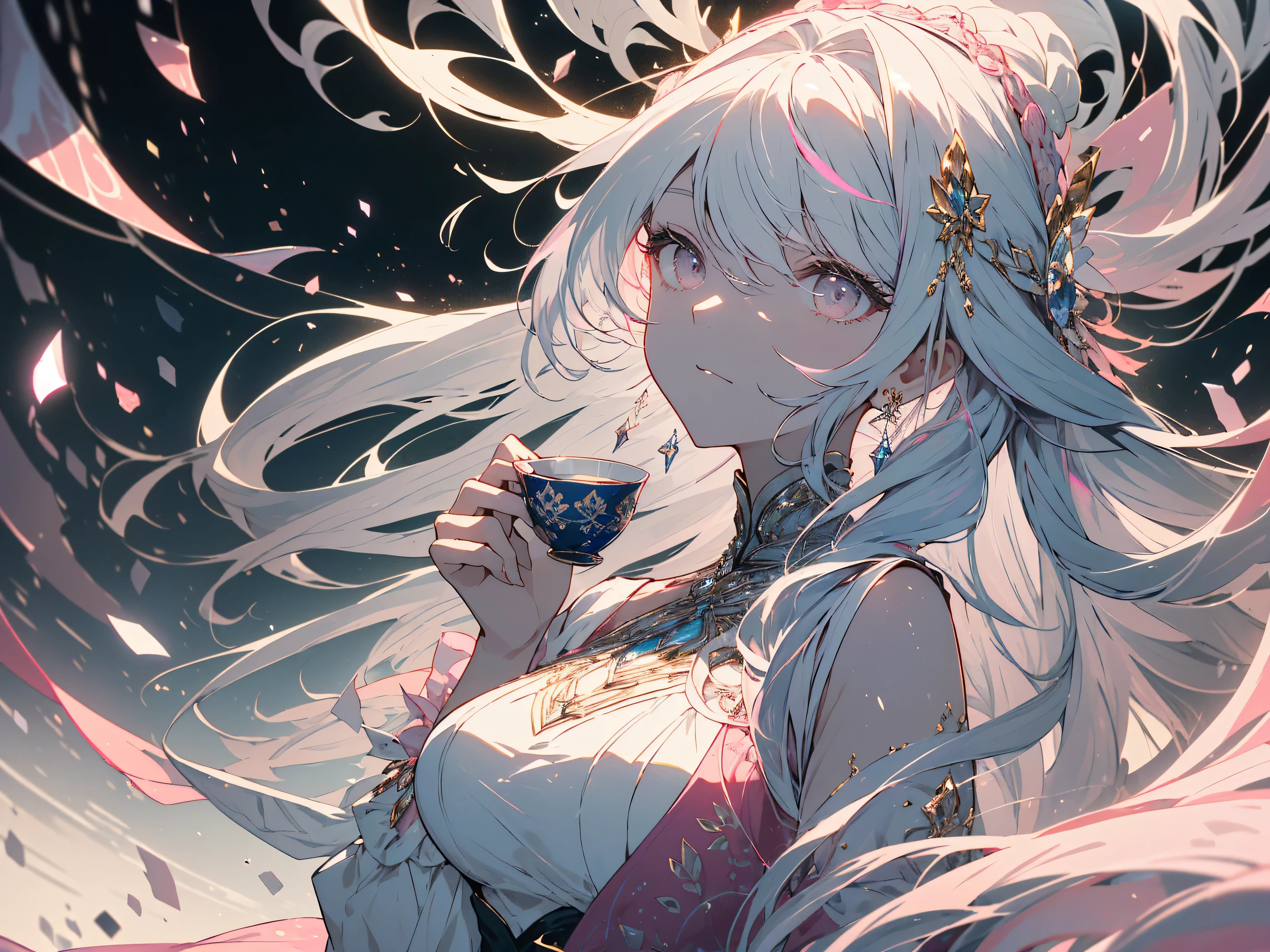 (highest quality、masterpiece、High resolution、be familiar with), (Shining eyes、detailed beautiful face)、(1 girl,Lady)、 (Long dress with elegant decoration:1.4)、(shining eyes、be familiar with美しい顔)、 (hold a tea cup in one hand)、(White pink hair color scheme,long hair、vertical roll hair:1.6) 最もbe familiar with、(luxury chairs and tables)、Noble House、(highest quality、masterpiece、High resolution、be familiar with)、(beautiful anime)、detailed beautiful background:1.2、dynamic angle