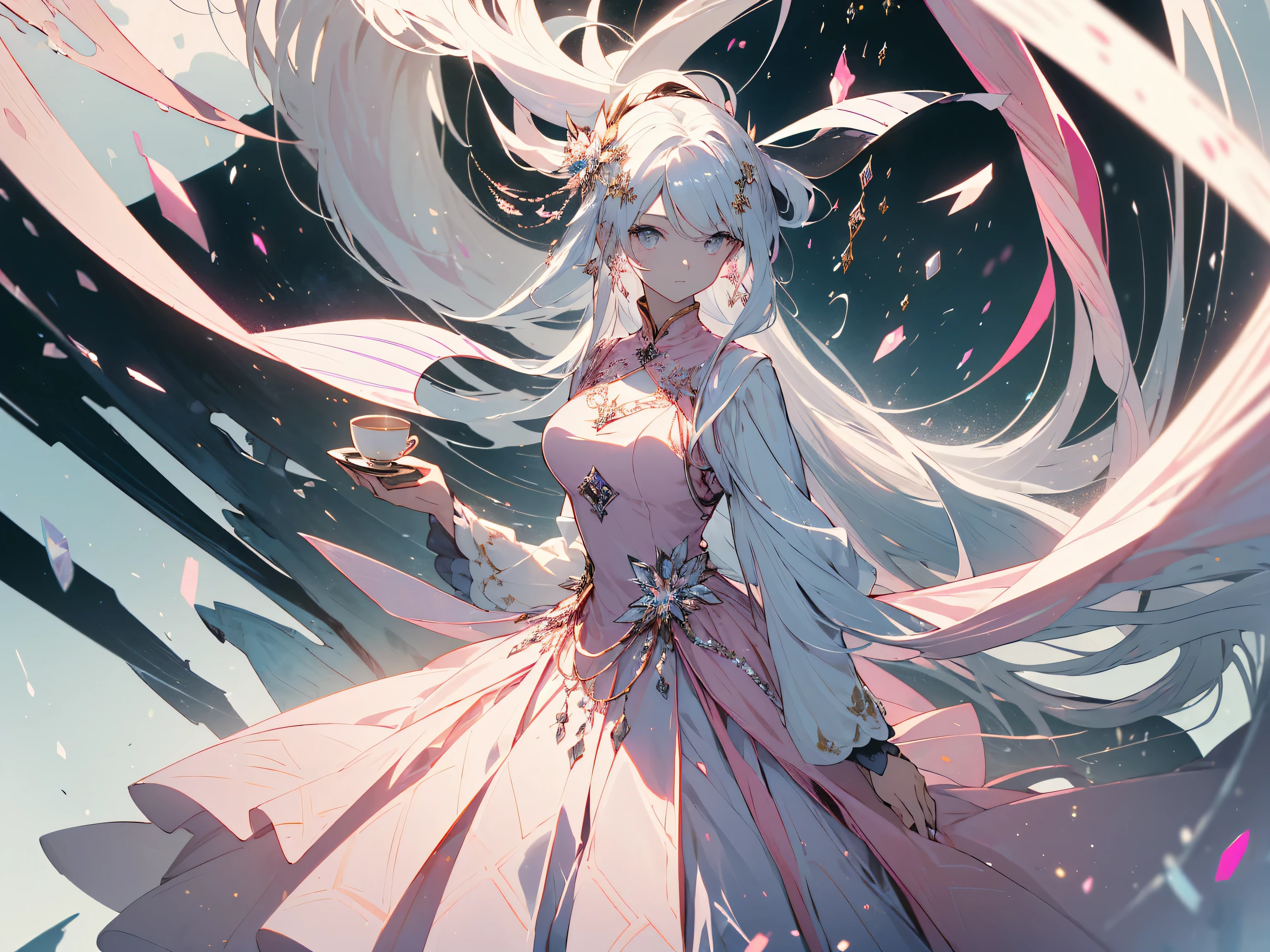(highest quality、masterpiece、High resolution、be familiar with), (Shining eyes、detailed beautiful face)、(1 girl,Lady)、 (Long dress with elegant decoration:1.4)、(shining eyes、be familiar with美しい顔)、 (hold a tea cup in one hand)、(White pink hair color scheme,long hair、vertical roll hair:1.6) 最もbe familiar with、(luxury chairs and tables)、Noble House、(highest quality、masterpiece、High resolution、be familiar with)、(beautiful anime)、detailed beautiful background:1.2、dynamic angle
