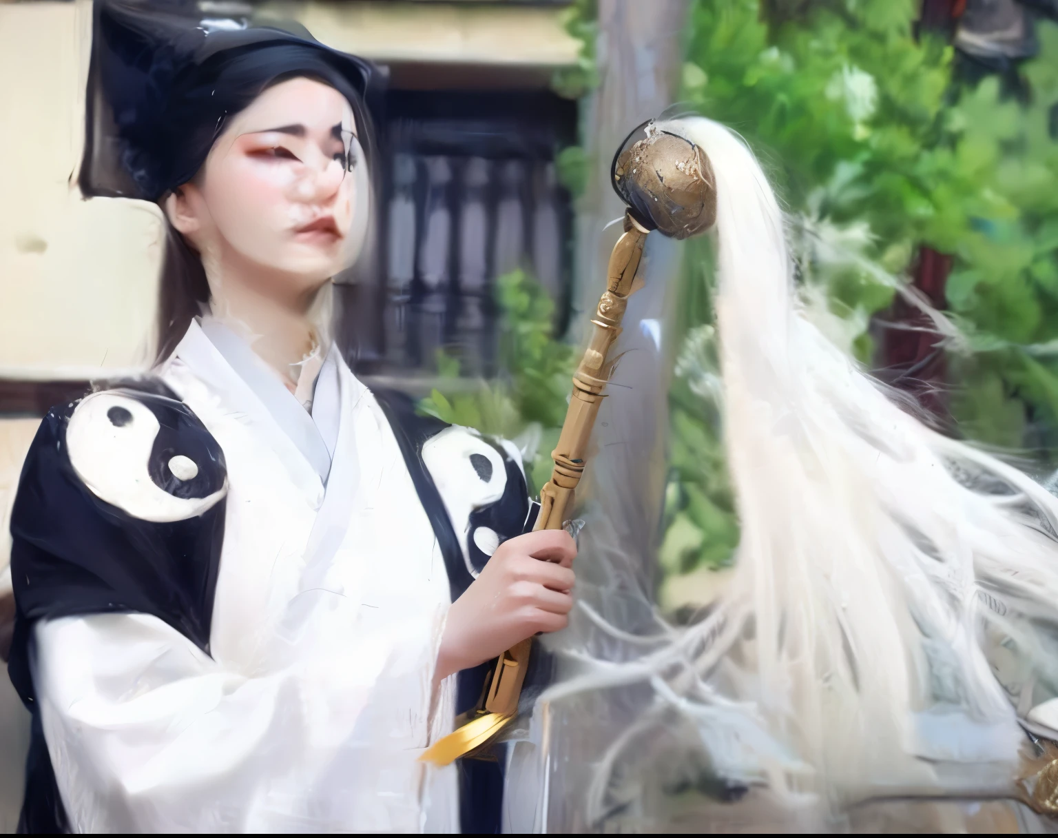 arafed woman in a black and white robe holding a stick and a white hair, cai xukun, flowing hair and long robes, white daoist robes, with long white hair, carrying a magical staff, with white long hair, heise jinyao, inspired by Guan Daosheng, taoist priest, wuxia, white hanfu