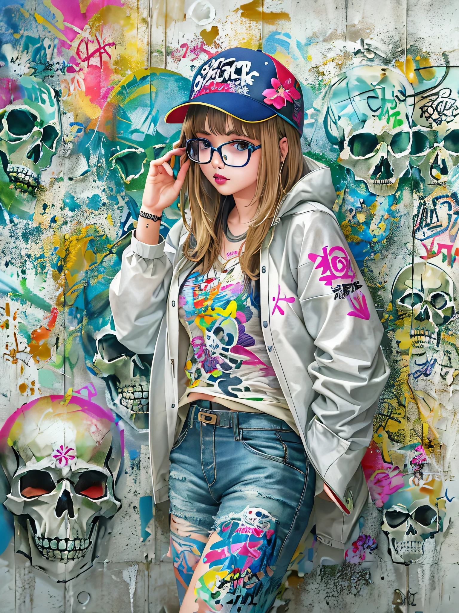 8K quality, watercolor painting, stylish design, (((The strongest beautiful girl of all time))), (((Japanese)))、Idol、clear, stylish glasses, Fashionable hats, (((highest quality))), bob hair, put your hand on the wall, HDR, ((Detailed details)), (((skull fashion))), detailed clothing texture, (((graffiti art))), colorful hair, ((masterpiece))、((Super detailed))