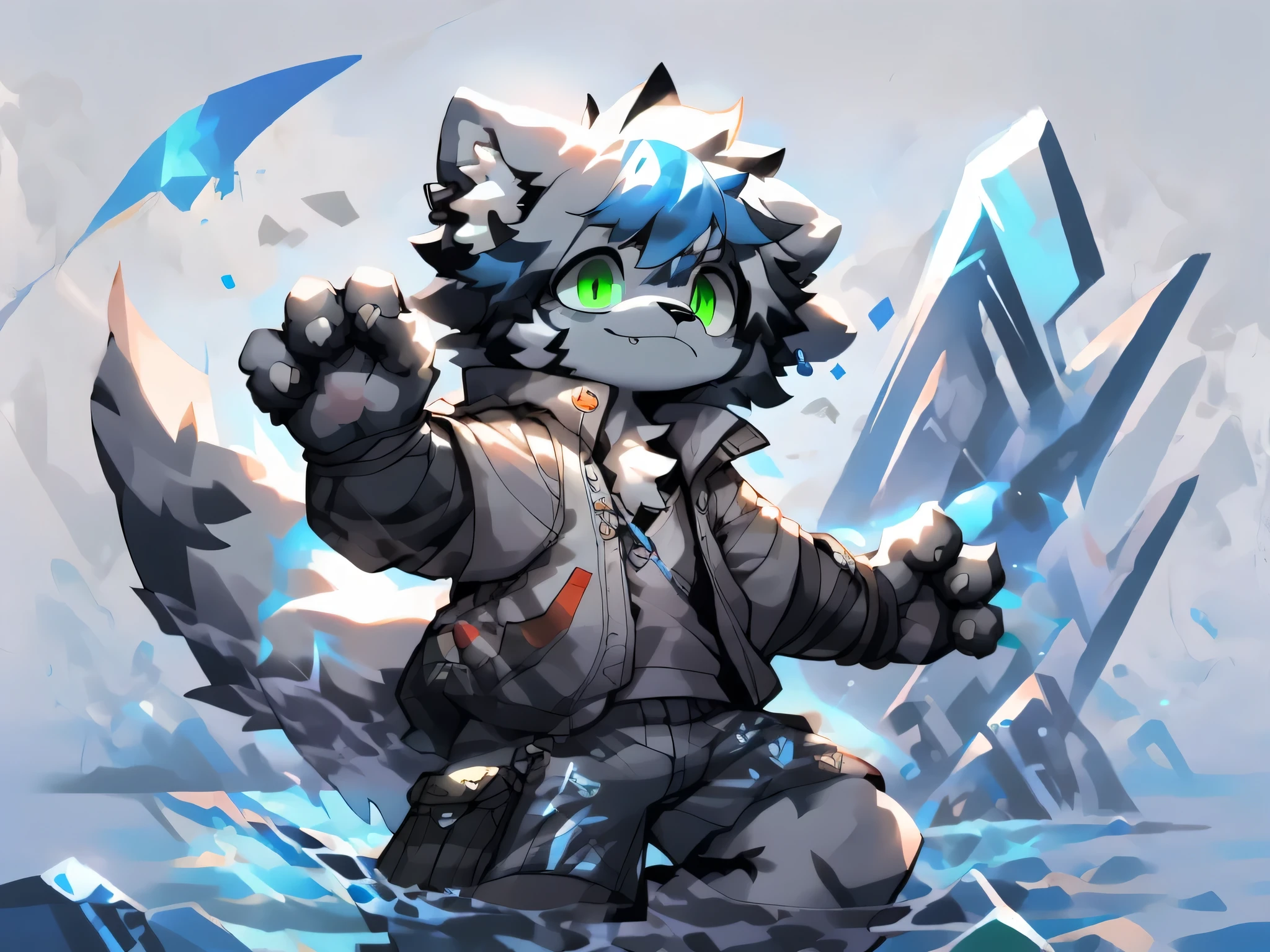 the only person,hairy,human biology,Male white wolf,gray fur,Haio,White ear bleeding - green eye tissue,male,(The hairy feeling of animal earull bodyesbian,blue dye,Transparent swimming trunks,blue tattoo, crystal tattoo,wave tattoo,Four fingers