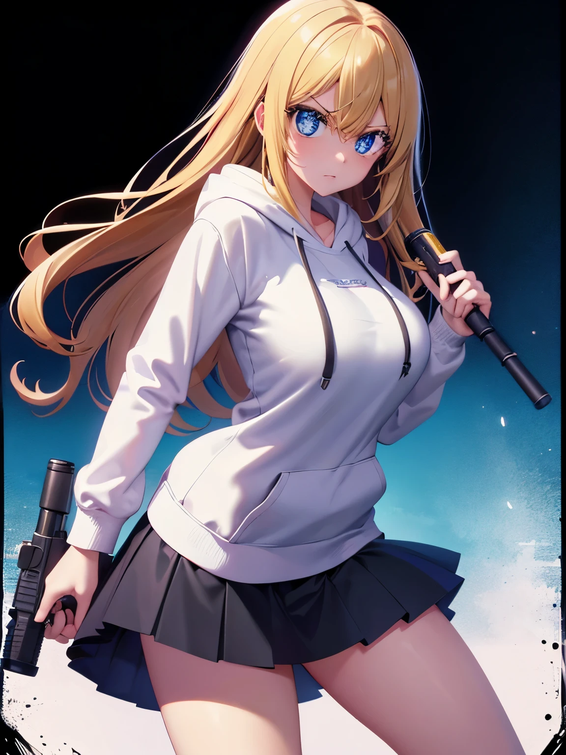 1woman,super beautiful,morning,Holding a gun, Aim at the viewer, angry expression,cute,morning,half body photo,Beautiful eyes, very detailed face,cute,long hoodie,white hoodie, tennis skirt,HD face, perfect face,black mini skirt,black mini skirt,Very big breasts,Blonde hair,long hair,wavy hair,bangs,blue eyes,ultra detail,ultra Hd, masterpiece,4k