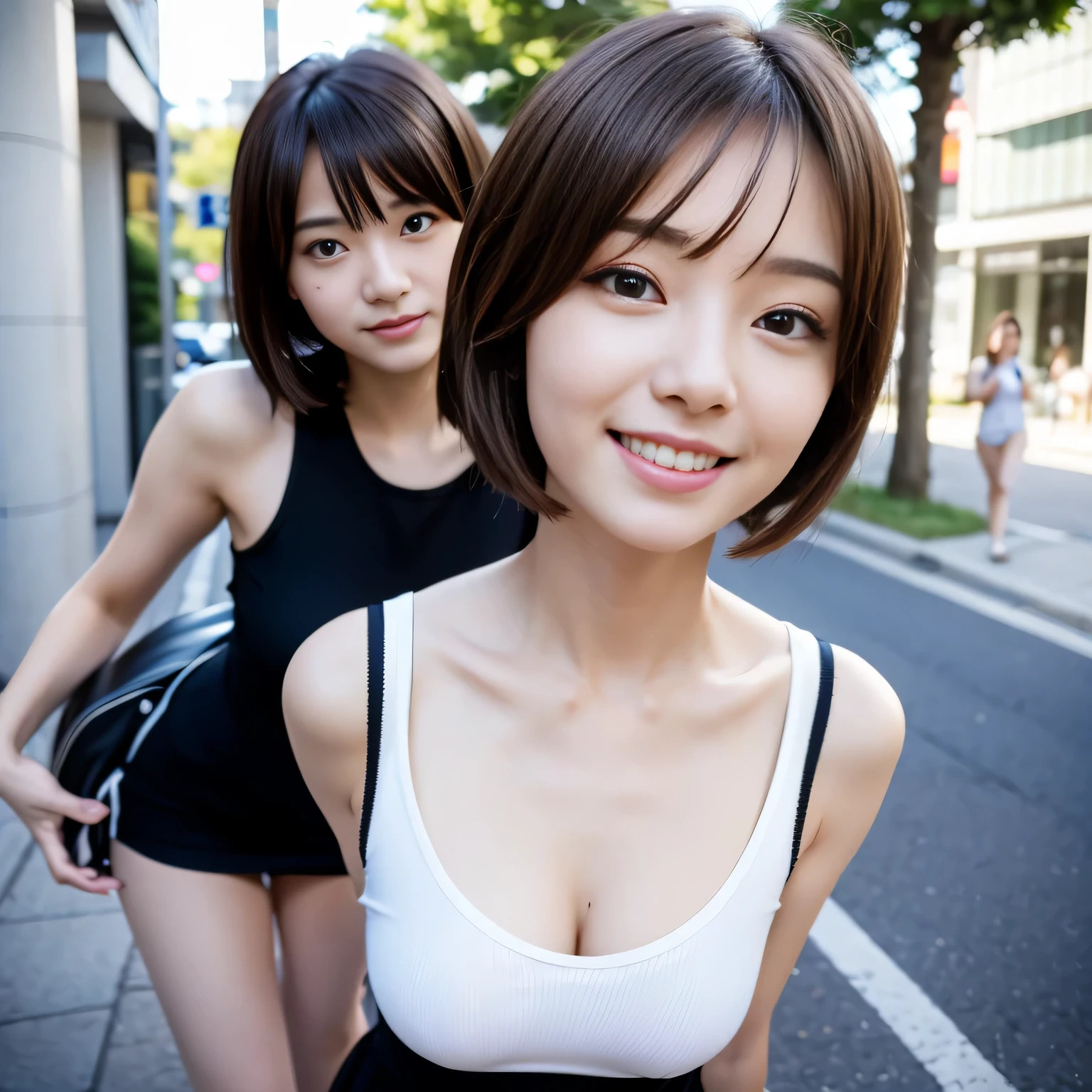 4girls、neat and cute girl,Japanese,(( girl))、blazer 、high socks、loafer shoes、balanced eyes、 (Top quality details:1.2)、(cute:1.2)、1 girl、very beautiful 28 year old cartoon girl、wonderful smile、cheeks are red、(high detail skin: 1.2)、Photorealistic anime girl rendering、Realistic anime 3d style、(brown hair、short bob)、(short bangs)、squared face、((small narrow eyes 1.3))、((no makeup1.3))、Average Breasts、lip gloss、perfect anatomy、delicate face、smile、full body display、Close-up from the front、black haired、smooth clear white skin、 short bob,front view、Blue sports bag、peace sign、in the city、street tree