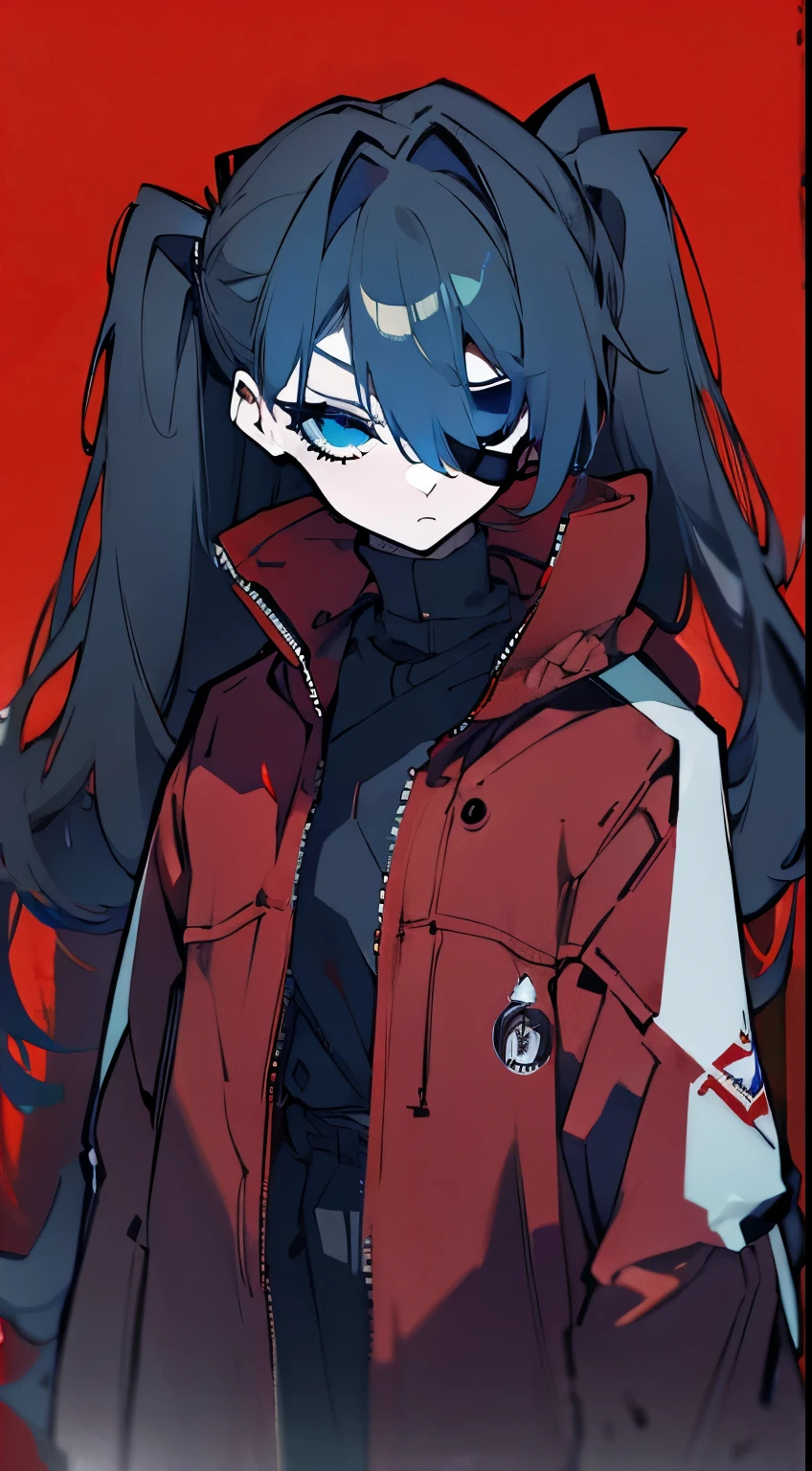 Girl with long chestnut hair and dark blue eyes. her hair is loose, The sides were tied up in twin tails., Wearing a red jacket, His left eye is covered with a black eyepatch, Wearing a black cap, Canned coffee in hand, Standing in front of a collapsed building