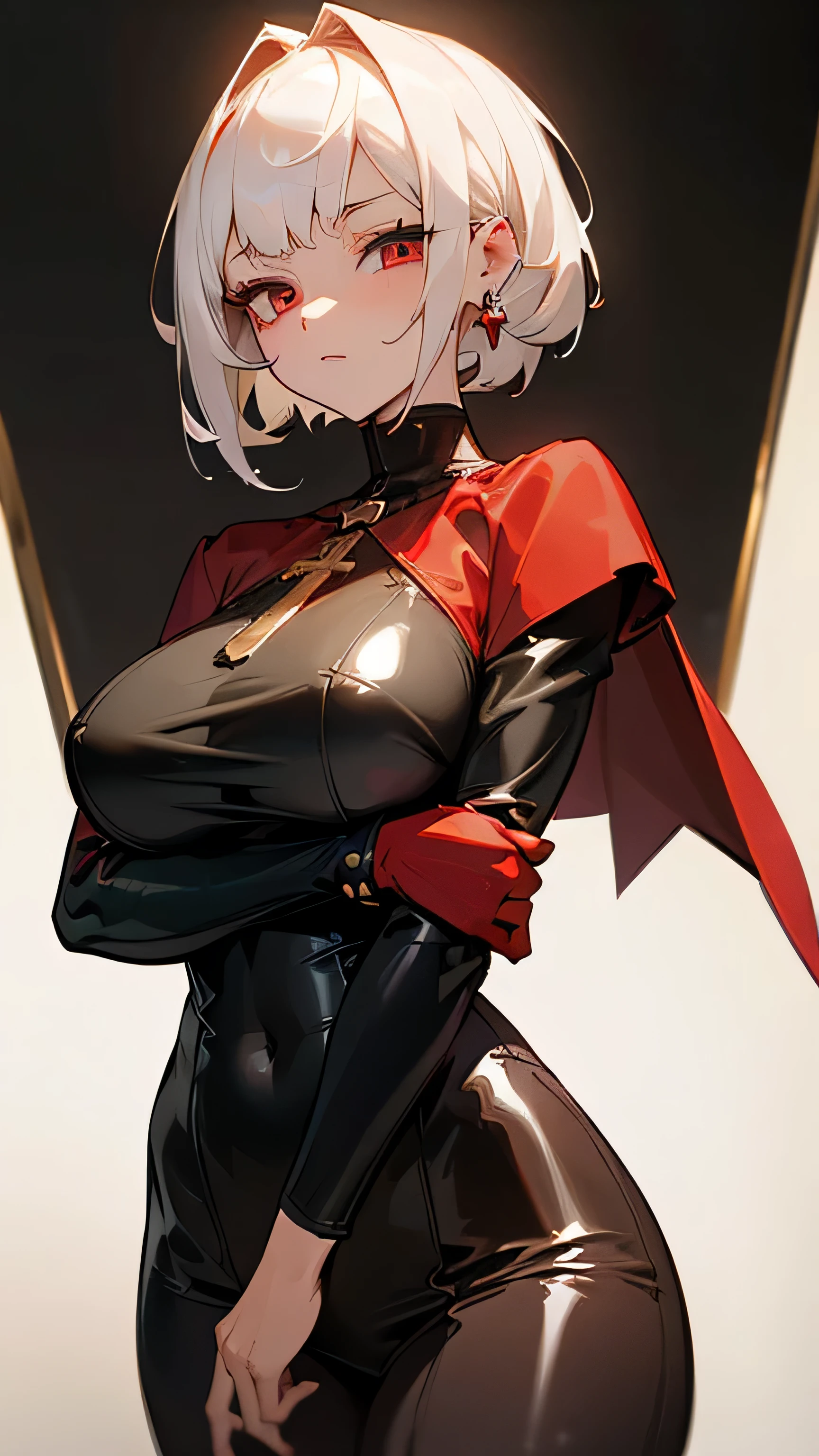 ((Best Quality, 8K, Masterpiece: 1.3)), 1girl, Beauty: 1.3, (Hairstyle Casual ,short white hair, Big Breasts: 1.2), black outfit: 1.1, Super Fine Face, Delicate red Eye color, green earings shaped like a cross, no sleeves, red cloak attached by gold round pins at the chest falling off shoulders, thigh high black latex,