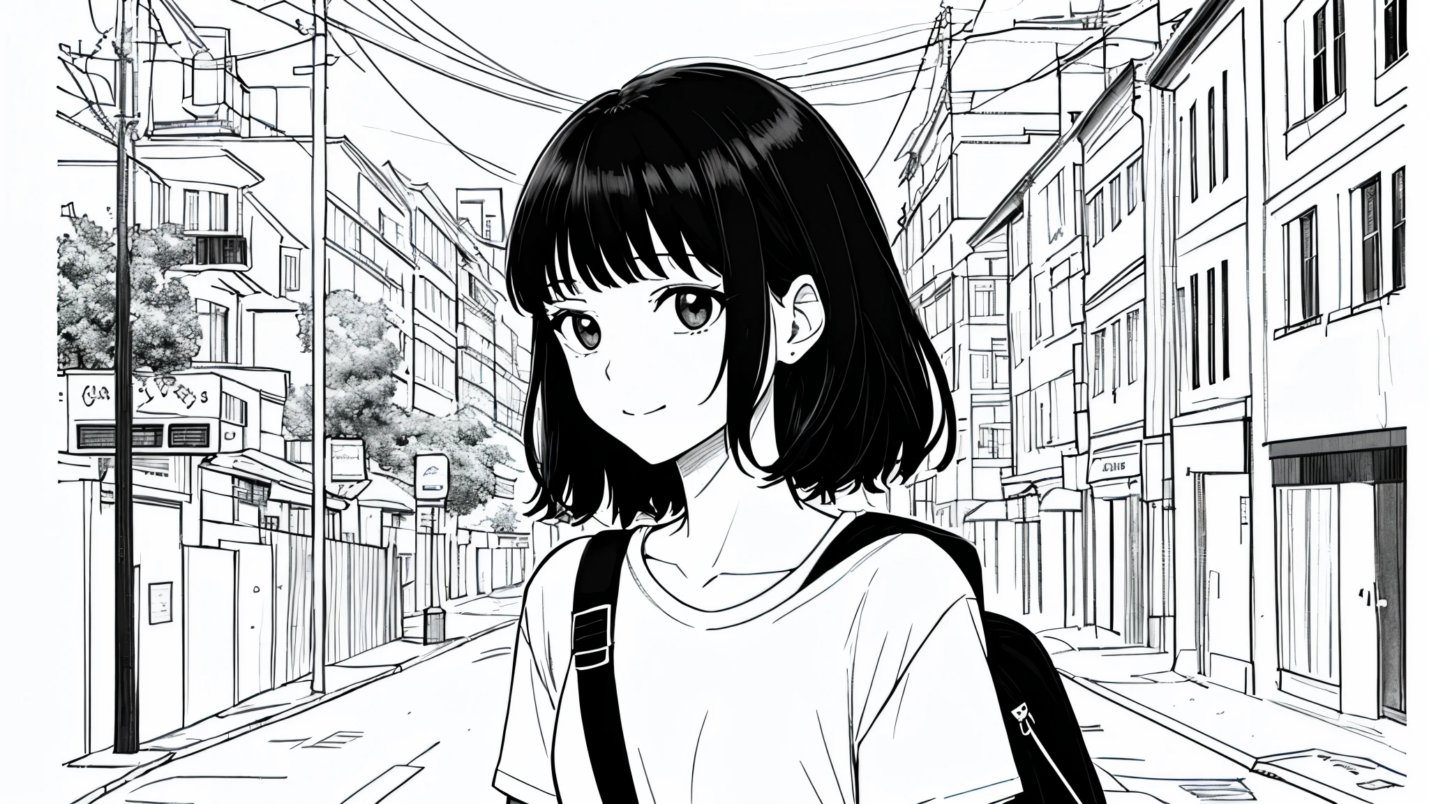 masterpiece, top-quality, 1girl in tshirts, A slight smile, backpack, dark haired, Black eyes, a street, detailed. monochromes, line-drawing、