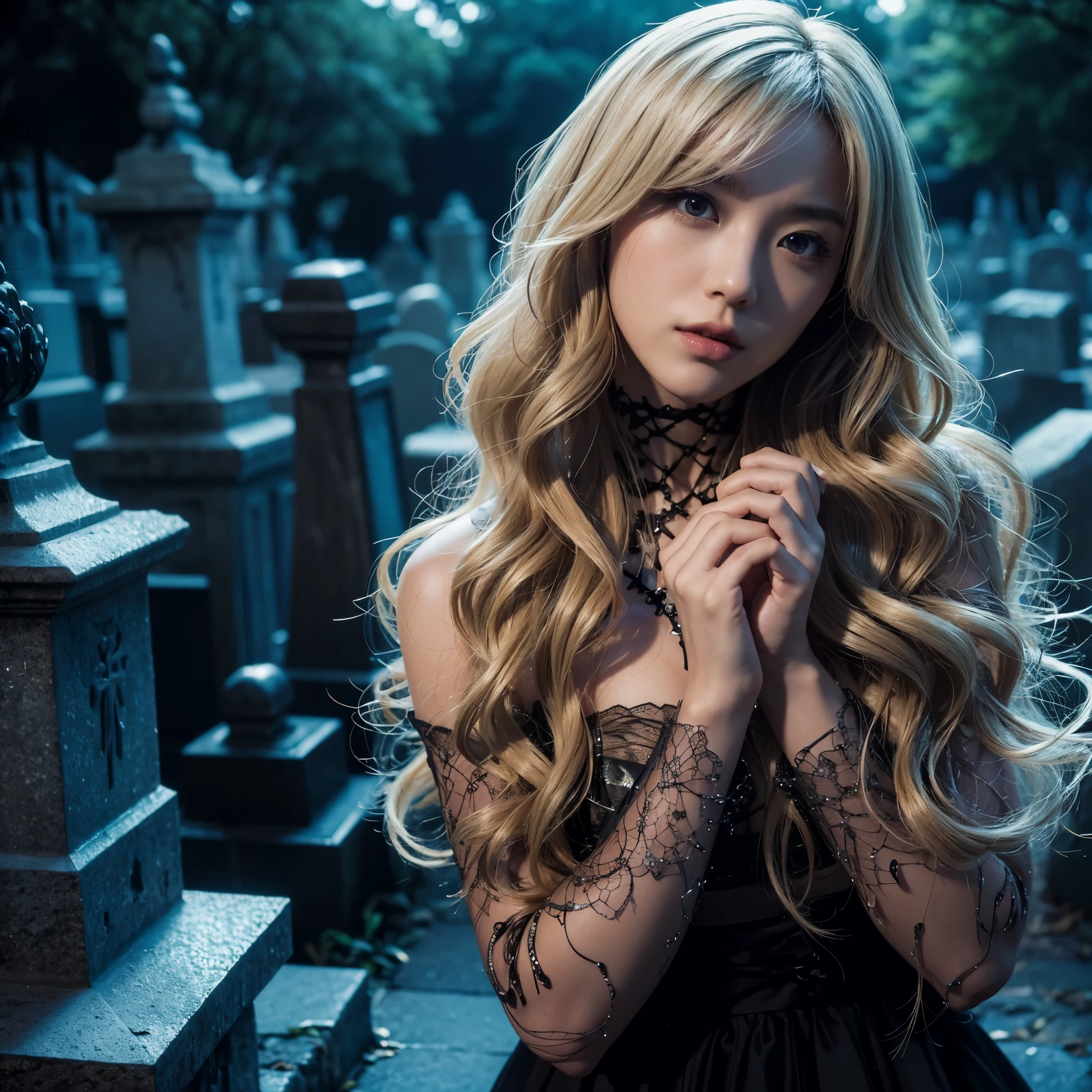 ((very sharp photo result & detailed face)) (((detailed texture))) (((Best Quality))), (((masterpiece))) (((hyper realistic photo)) full body of a pretty japanese with blonde hair, long wavy hair, gothic makeup, on the grave ground with aestethically pose, dramatic shade of light, good anatomy, good body proportion, dramatic light & shadow photography, blue tone lighting accents, 8k, shoot by hasselblad camera, medium format