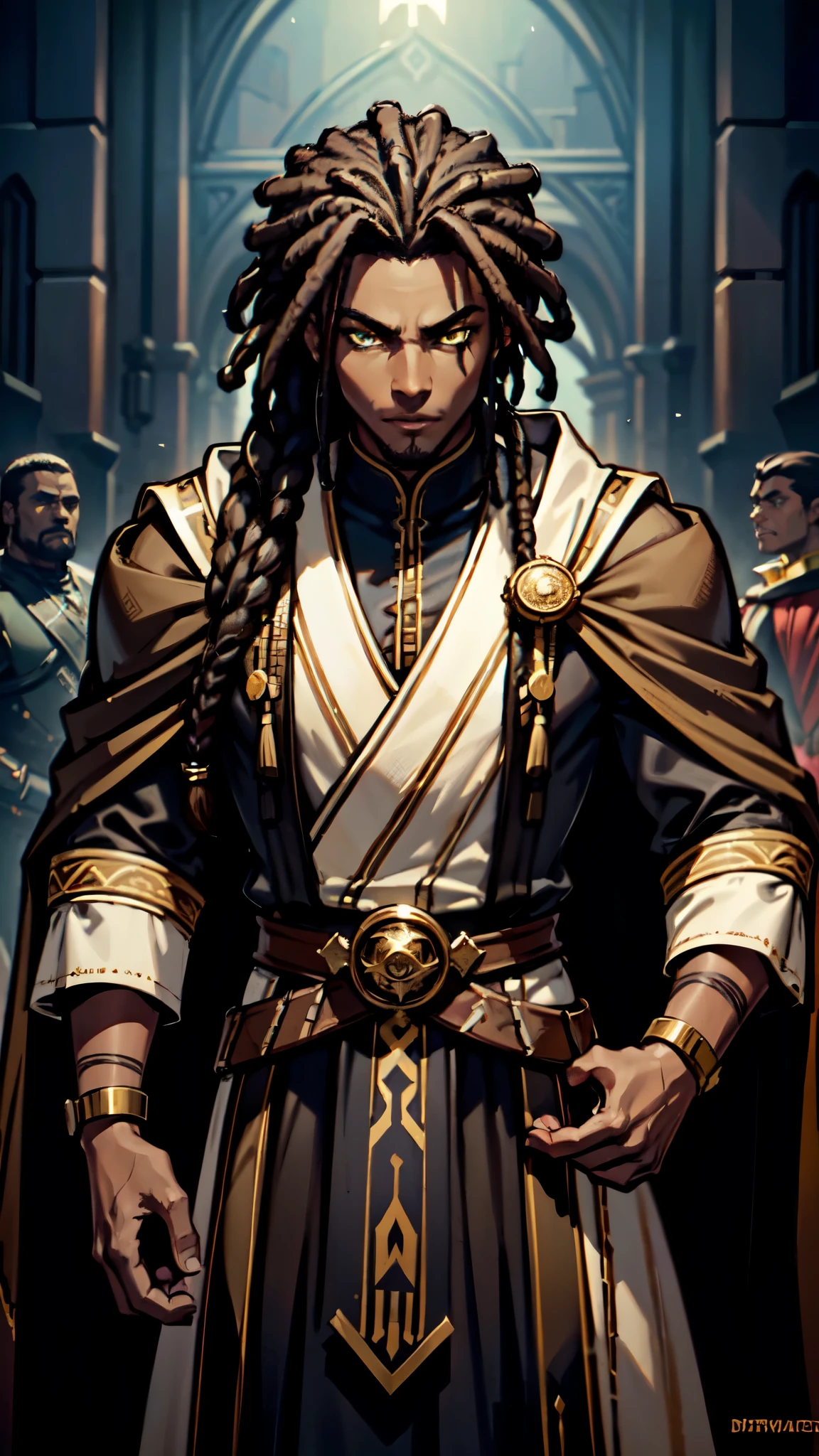 (Concept Art) of an (African-American) male, with dark black (dreadlocks), yellow eyes, dark (brown skin), (regal assassin), sith robes, demon prince, close-up shot, perfect composition, hyper-detailed, 8K, high quality, (perfect eyes), trending art, sharp focus, studio photo, intricate details, action pose