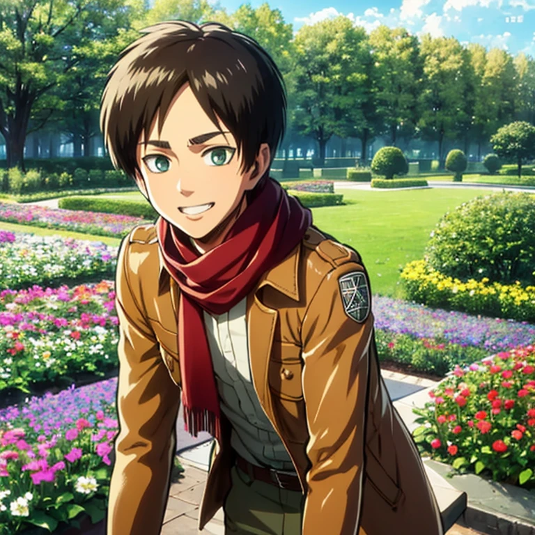 eren_yeager、おflower garden、両手を広げてsmileで立っている、Jaeger、1 ager、smile、happiness、Wearing a red scarf around his neck、flower garden、great outdoors、flower gardenの風景、mikasa