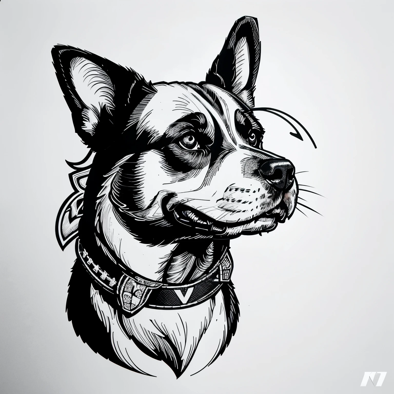 a black and white dog with a bandana on its neck, beautiful dog head, black and white vector art, engraved vector, vector svg art, detailed vector, labrador, dog head, bold line art, highly detailed vector art, svg vector art, detailed vectorart, svg illustration, vector art for cnc plasma, vector drawing, vector line art