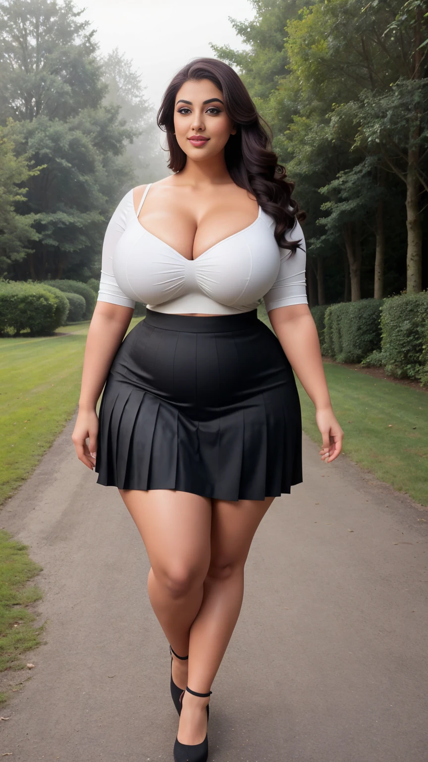 Madhubala Indian sexy curvy plus size body beautiful actress in a Playful Pleated Mini Skirt posing for a picture in Misty Morning Path for a photoshoot, camera front facing, smilling face, head to toe view, full body shot, hourglass body shape, curvy plus size body, bigger waist, busty, big hips, fleshy thighs, thick thighs, busty, full body view, head to to view, full body shot, sexy girl, beautiful curves, curvy model, attractive curves, attractive feminine curves, gorgeous woman, Misty Morning Path background,