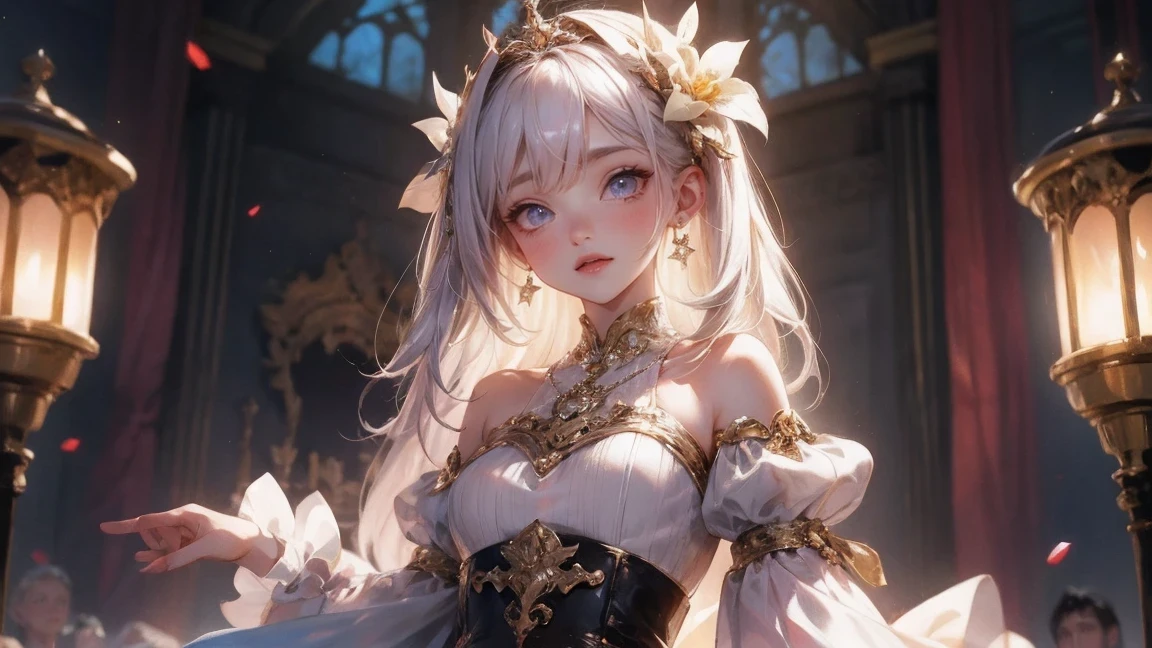 (best quality, masterpiece), 1 girl, intricate details, Off the shoulders, skirt, collar, decorate, perspective, looking at the audience, blush, Upper body, blurred background, floral, contrasting